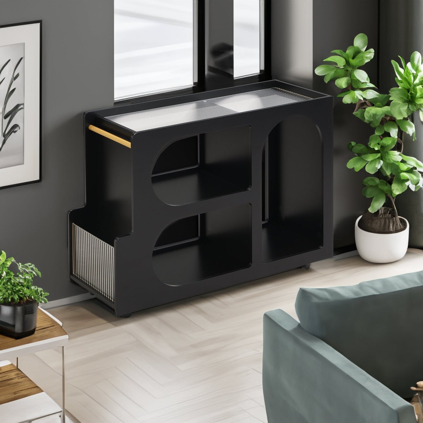 Stylish mobile desk with lockable wheels,bedside table with 5mm thick grooved tempered glass and gold round bars ，black - Korvel