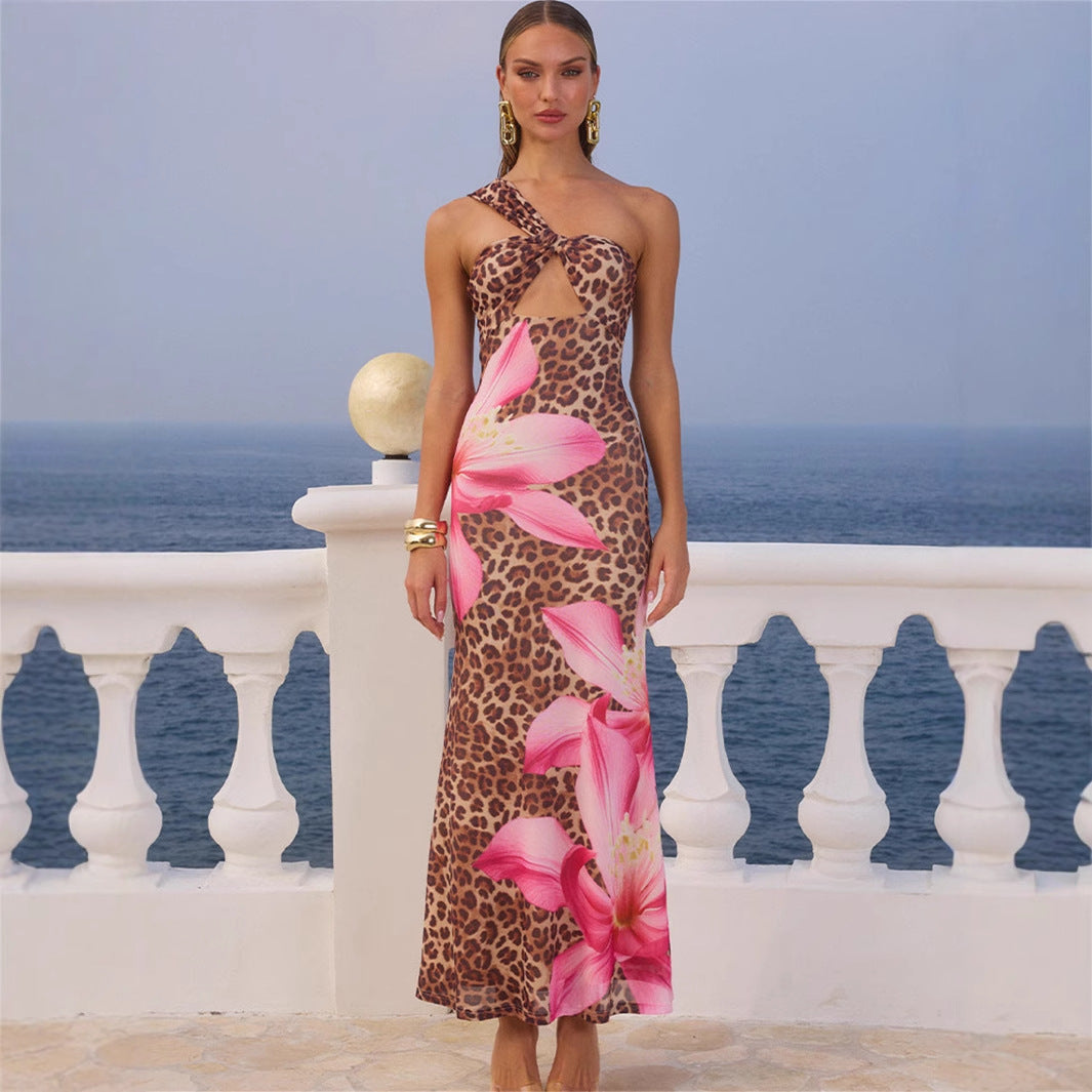 Leopard Print Slim Sexy Backless Long Dress for Women - Korvel