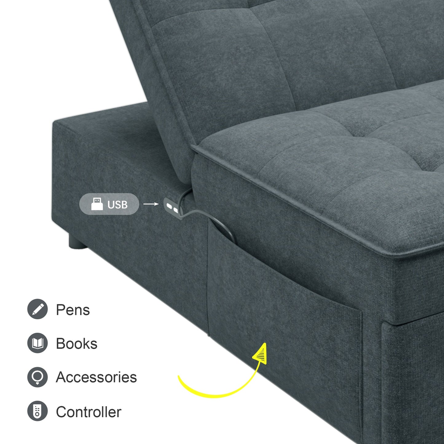 Four in one sofa bed, chair bed, multifunctional folding Ottoman bed with storage bag and USB port, dark blue - Korvel
