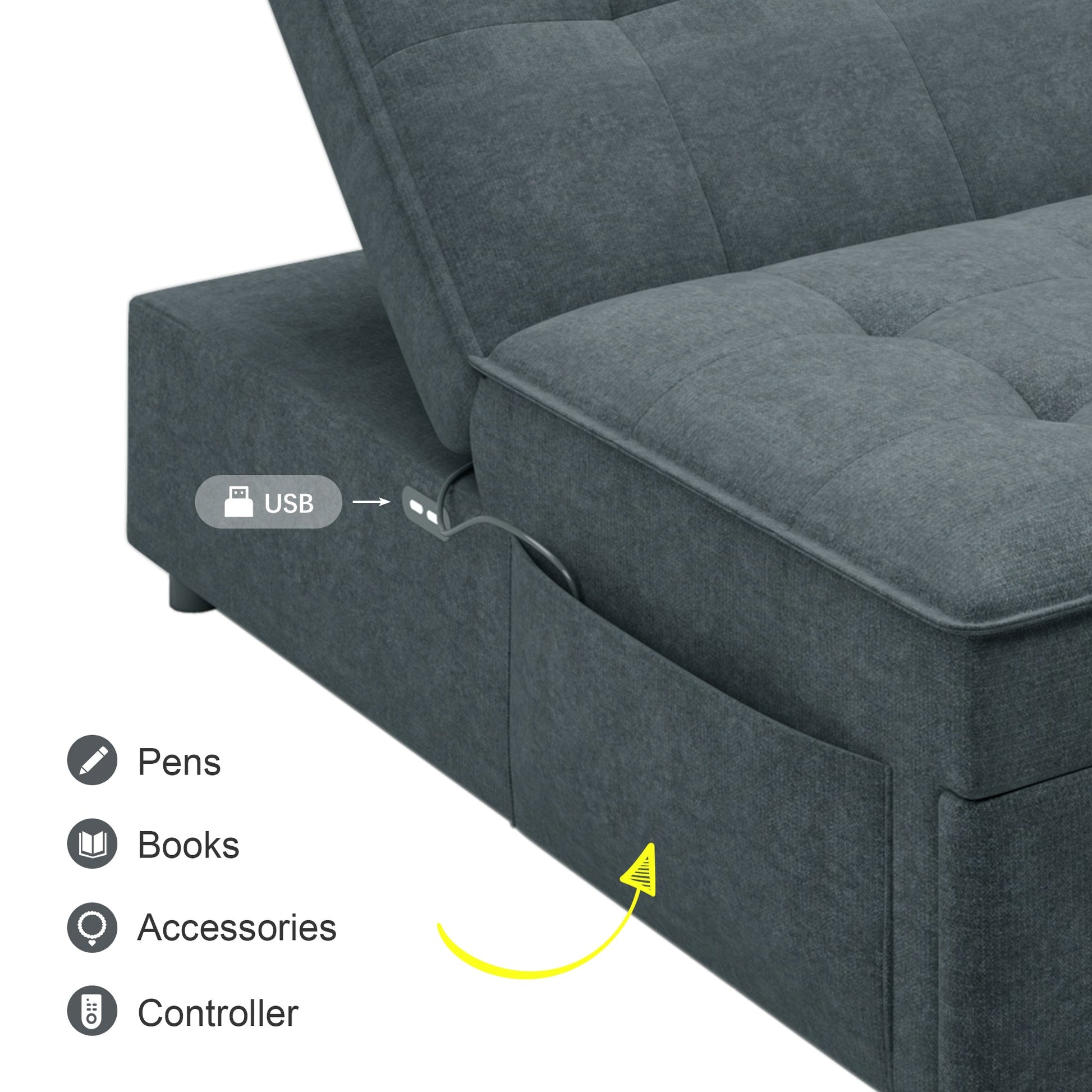 Four in one sofa bed, chair bed, multifunctional folding Ottoman bed with storage bag and USB port, dark blue - Korvel