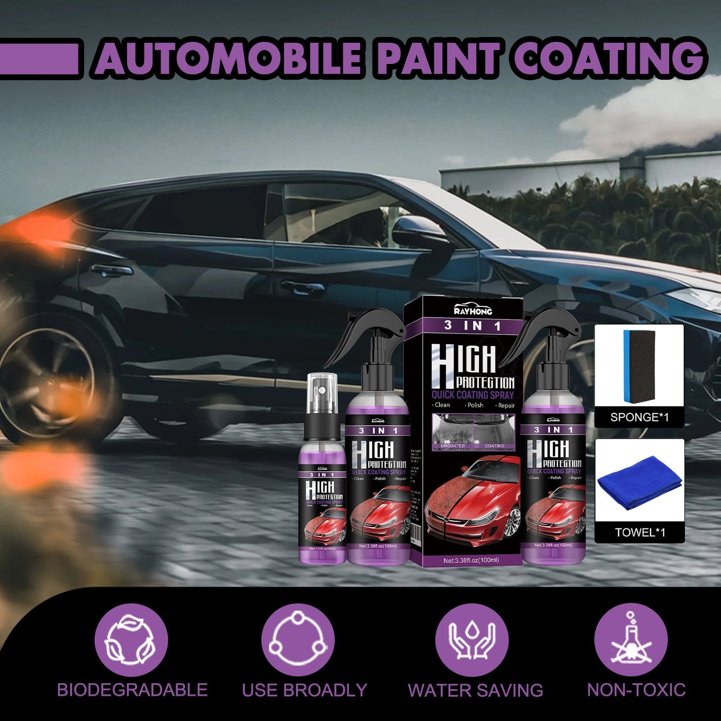 3 In 1 High Protection Quick Car Coating Spray, Diy Paint Change Color Cleaning Coating Spray - Korvel
