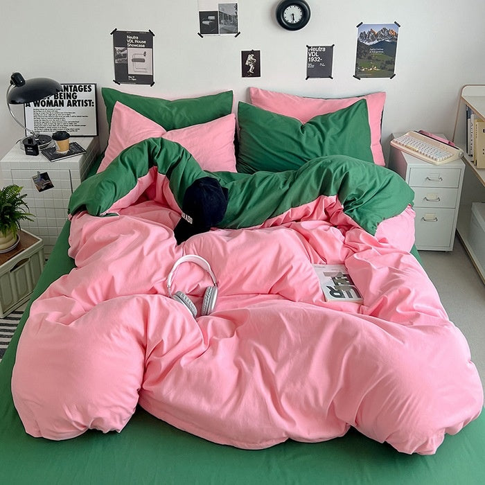 Washed Cotton Solid Color Double Spliced Four-Piece Bedding Set - Sheet, Quilt Cover, Pillowcases for Employee and Dormitory Use - Korvel