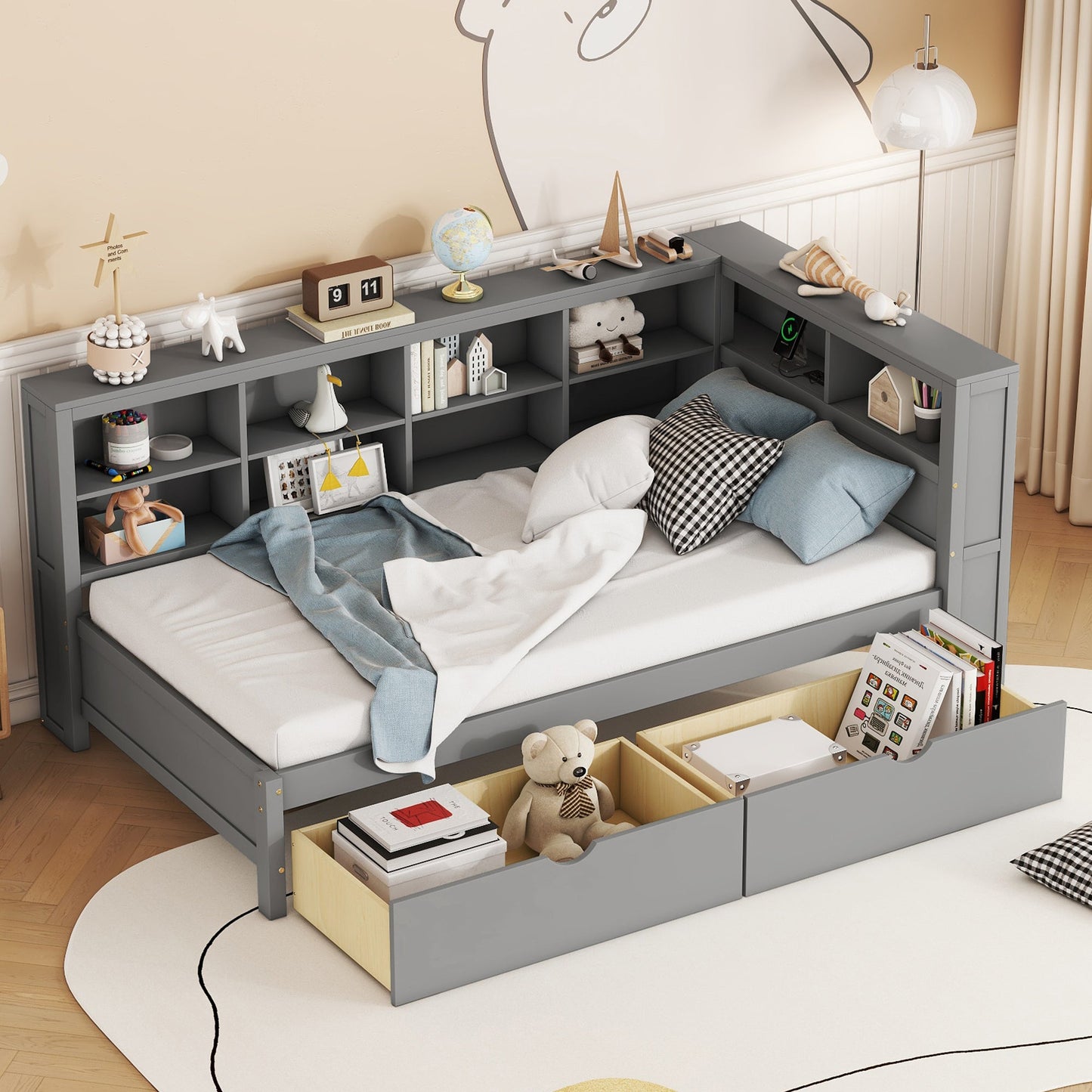 Wooden Twin Size Daybed with Storage and USB Ports - Grey