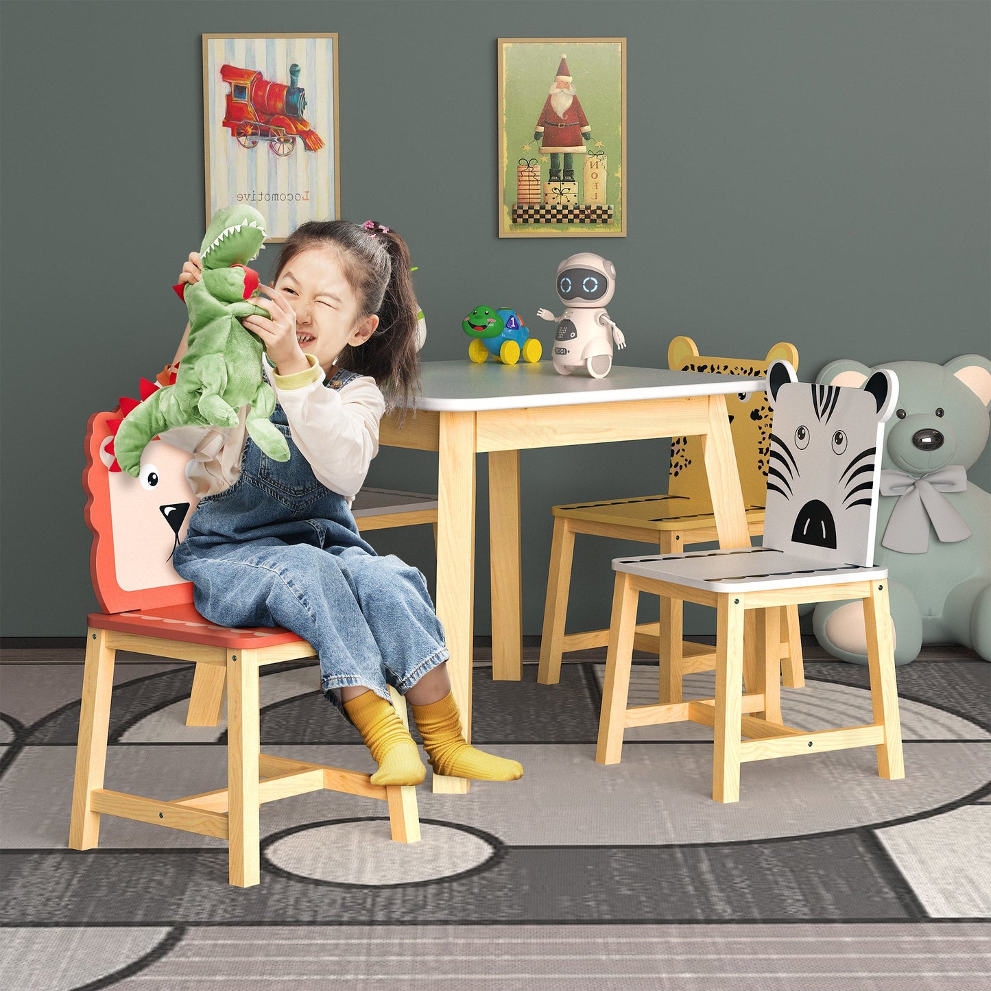 Juego de Mesa y Sillas para Niños de 5 Piezas - Mesa de Madera para Niños con 4 Sillas de Dibujos An