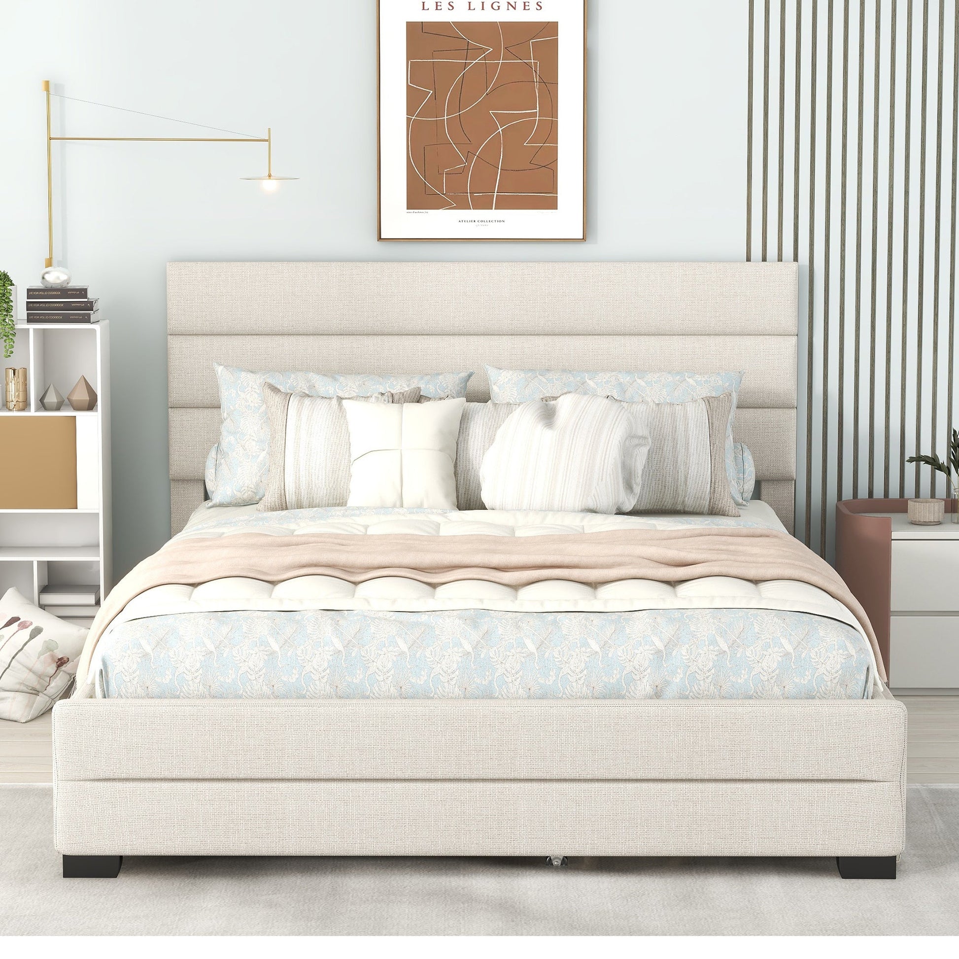 Queen Upholstered Platform Bed with Twin Size Trundle and Two Drawers  Beige - Korvel