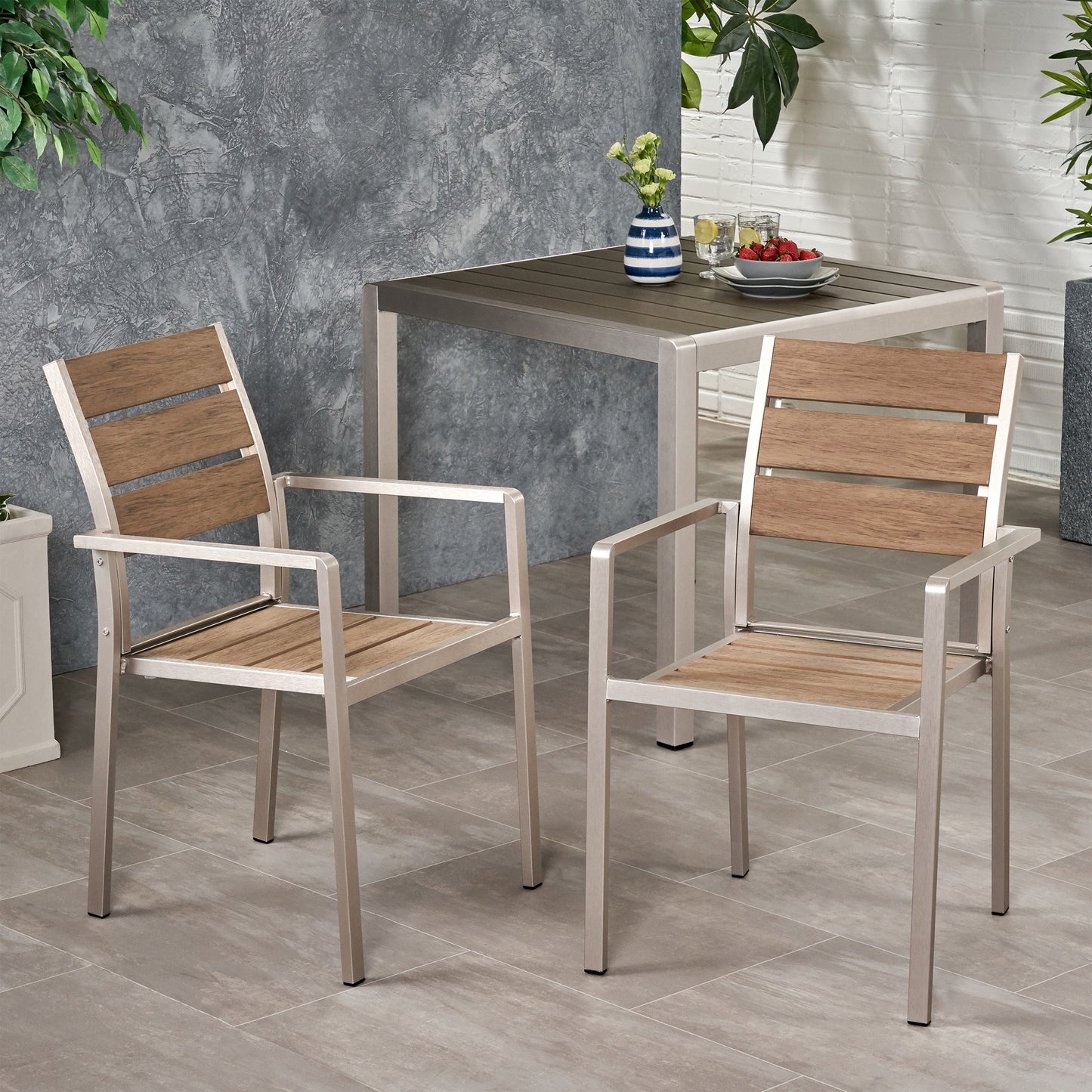 Outdoor Modern Aluminum Dining Chair with Faux Wood Seat (Set of 2), Natural and Silver - Korvel
