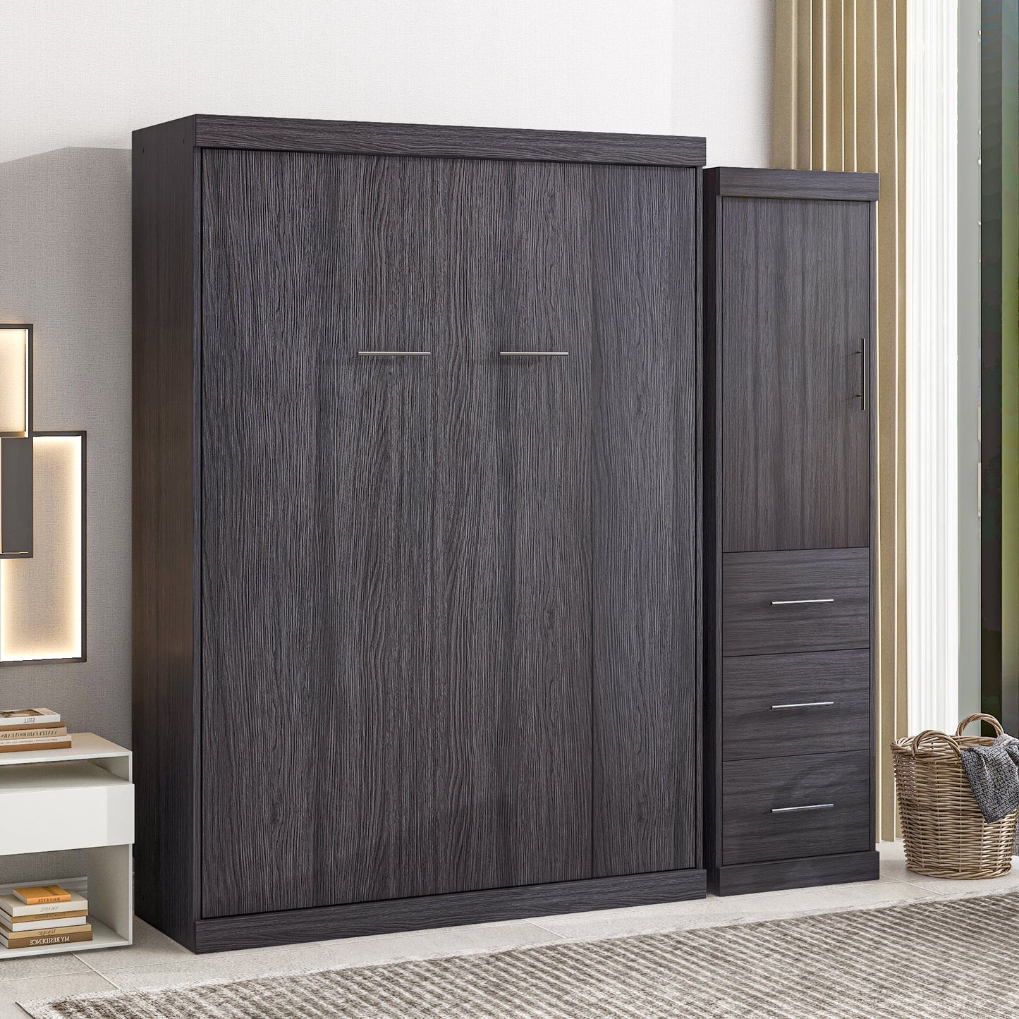 Full Size Gray Murphy Bed with Wardrobe and Drawers