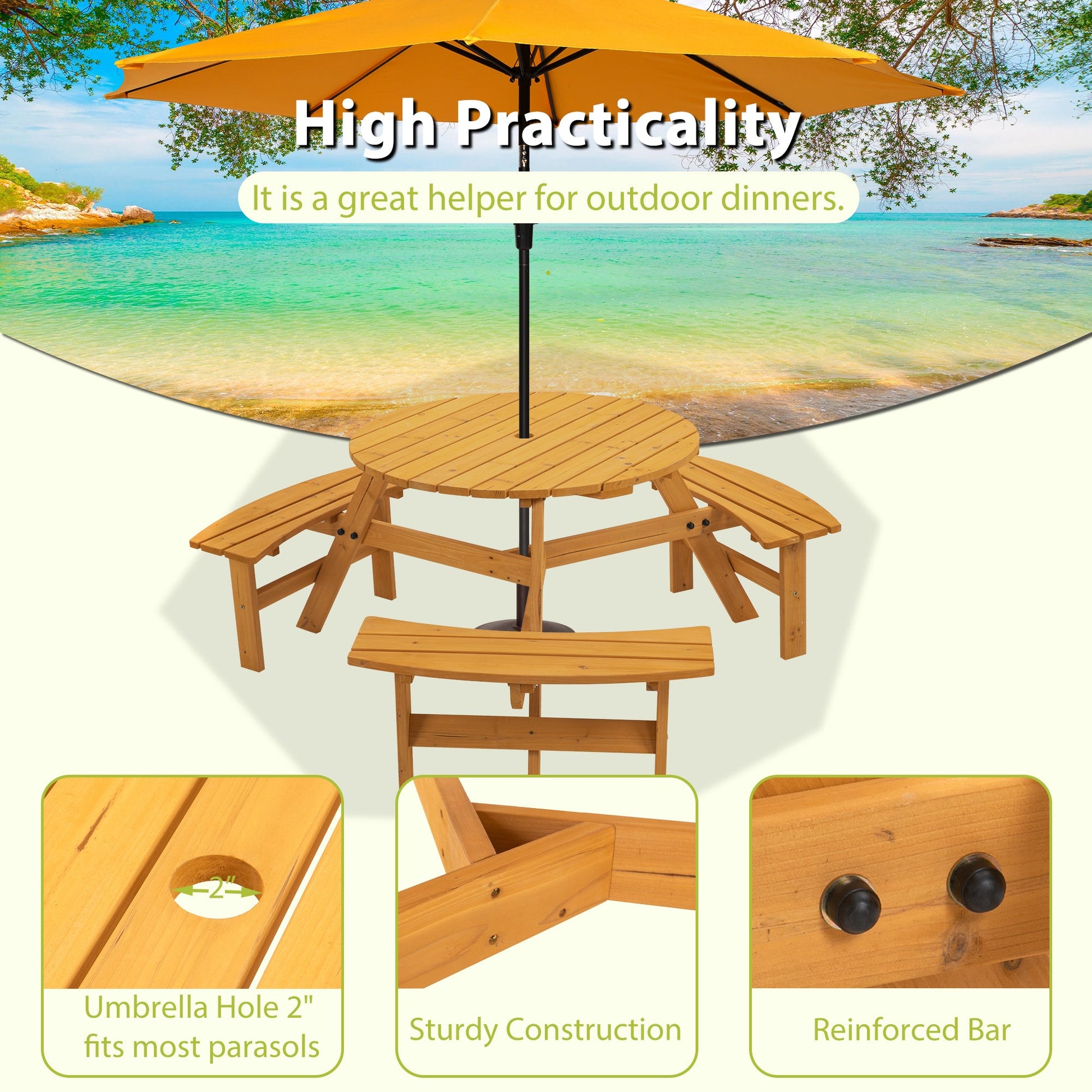 6-Person Circular Outdoor Wooden Picnic Table for Patio, Backyard, Garden, DIY w/ 3 Built-in Benches, 1720lb Capacity - Natural - Korvel