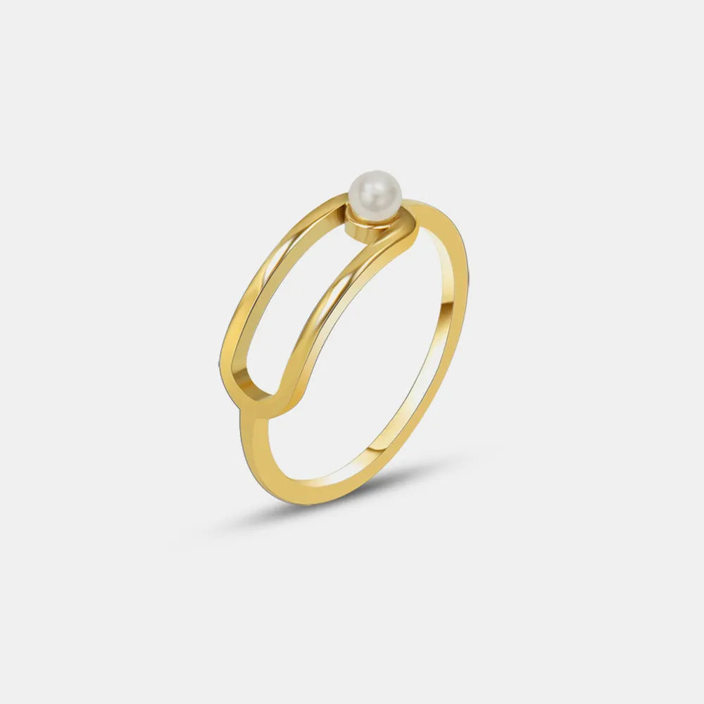 Anillo Circular Geométrico de Perla en Acero de Titanio con Baño de Oro