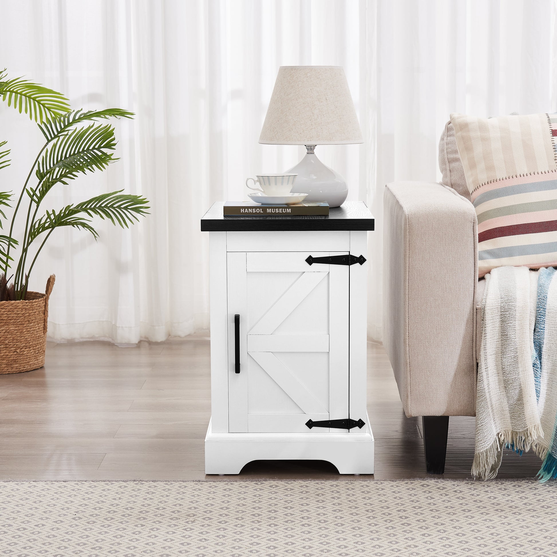 Farmhouse tea table bedside table rectangular farmhouse tea table with barn door and adjustable storage rack, white - Korvel