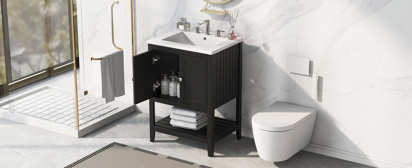 Meuble de salle de bain moderne noir de 24" avec évier en céramique élégant
