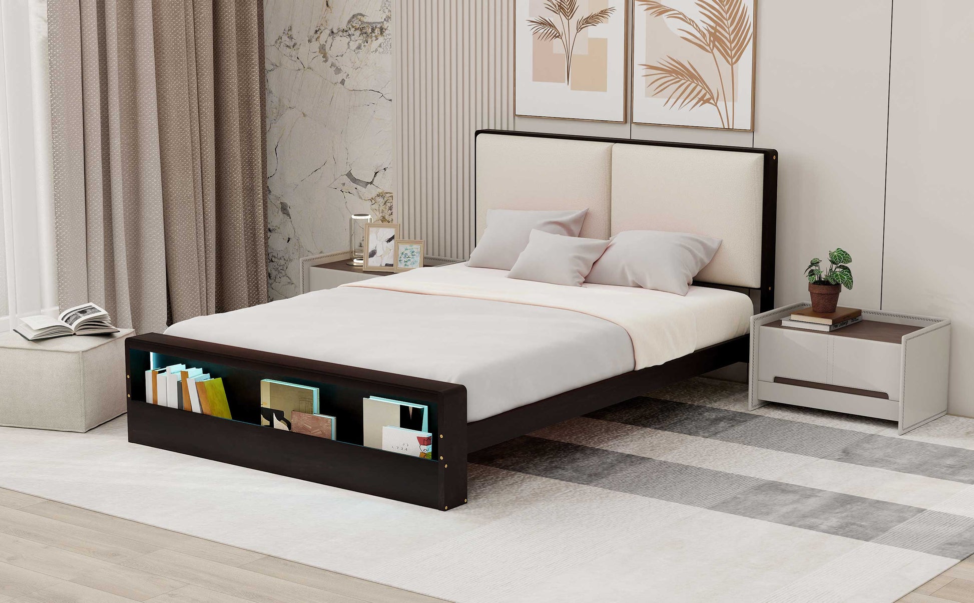 Queen Size Platform Bed Frame with Upholstery Headboard and Bookshelf in Footboard and LED Light Strips, Espresso - Korvel