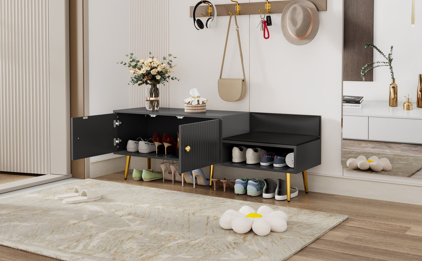 Modern Shoe Storage Bench with Hidden Storage and Upholstered Cushions for Bedside, Living Room and Entryway (Gray) - Korvel