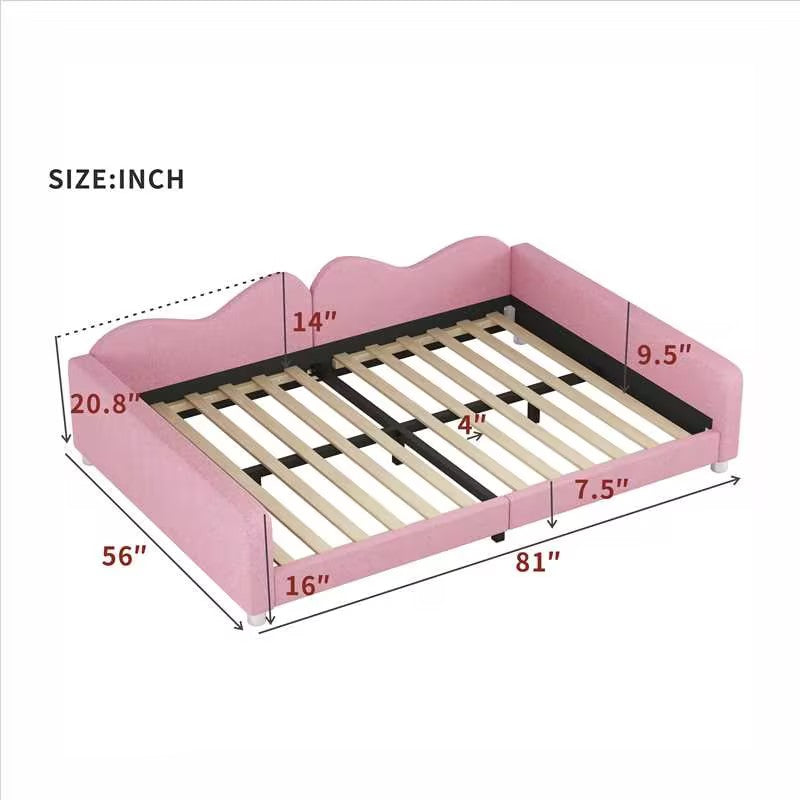 Lit de jour rembourré de taille normale en rose avec dossier en forme de nuage