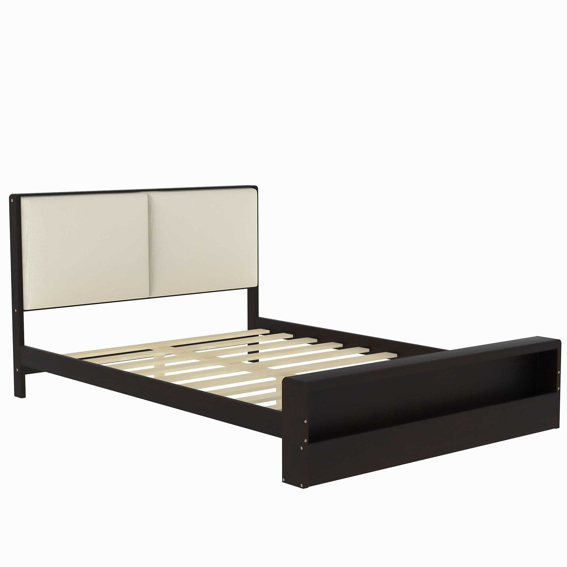 Queen Size Platform Bed Frame with Upholstery Headboard and Bookshelf in Footboard and LED Light Strips, Espresso - Korvel