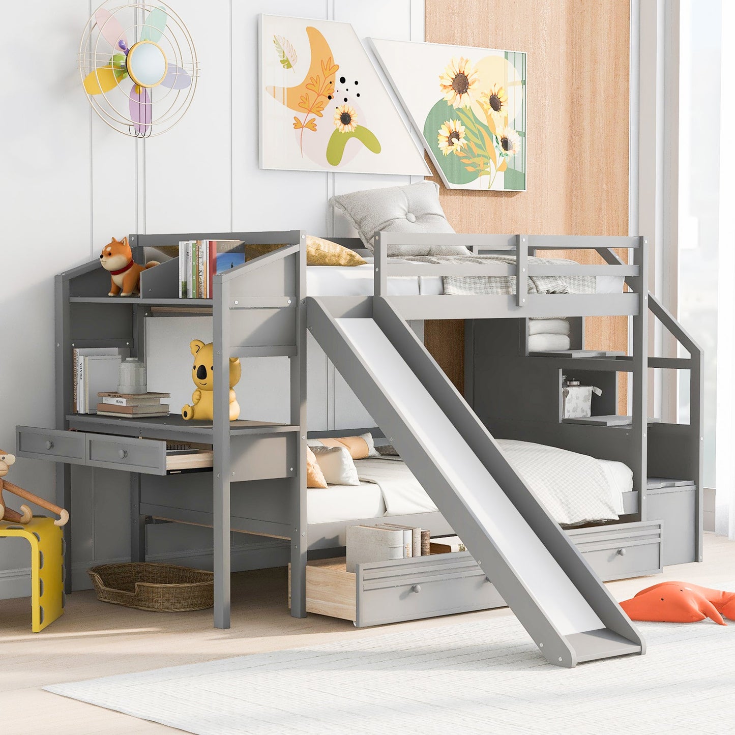 Lit superposé jumeau avec rangement et bureau - Gris