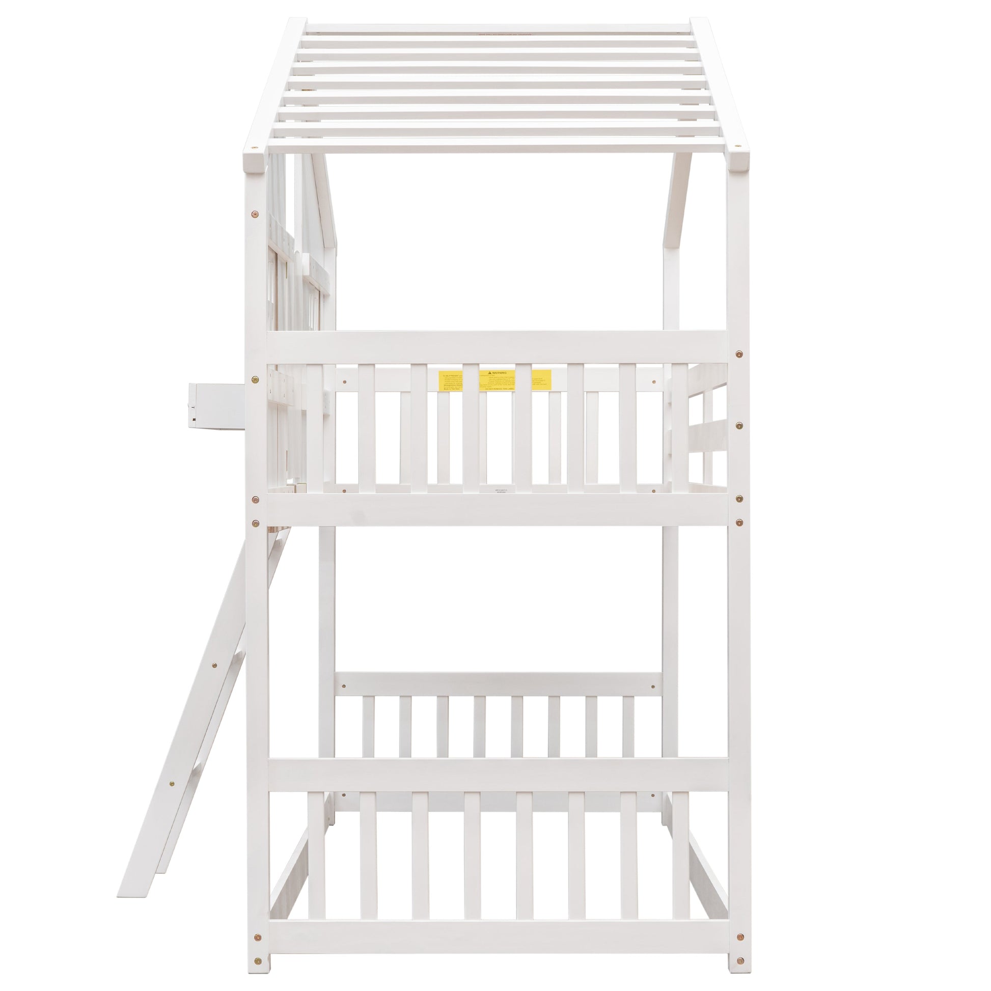 Twin over Twin House Bunk Bed with Roof , Window, Window Box, Door , with Safety Guardrails and Ladder,White - Korvel