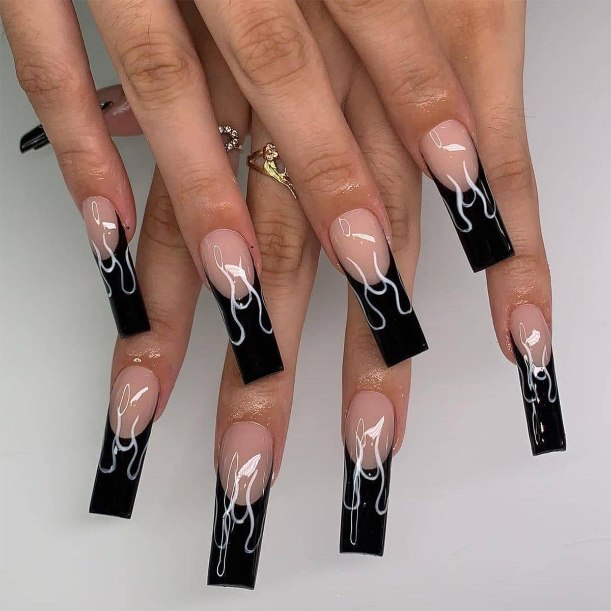 Black French Flame Finished False Nails