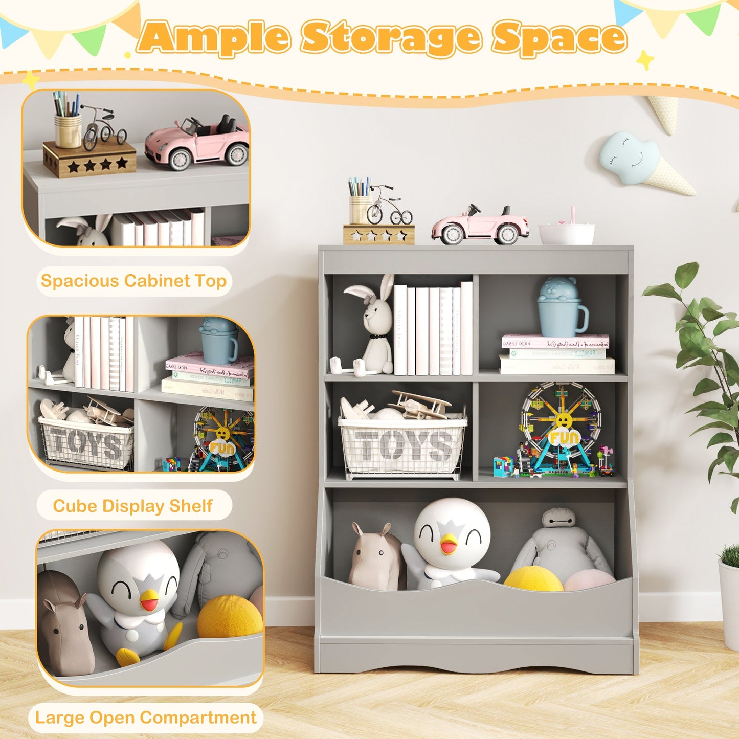 3-Tier Children's Multi-Functional Bookcase - Gray