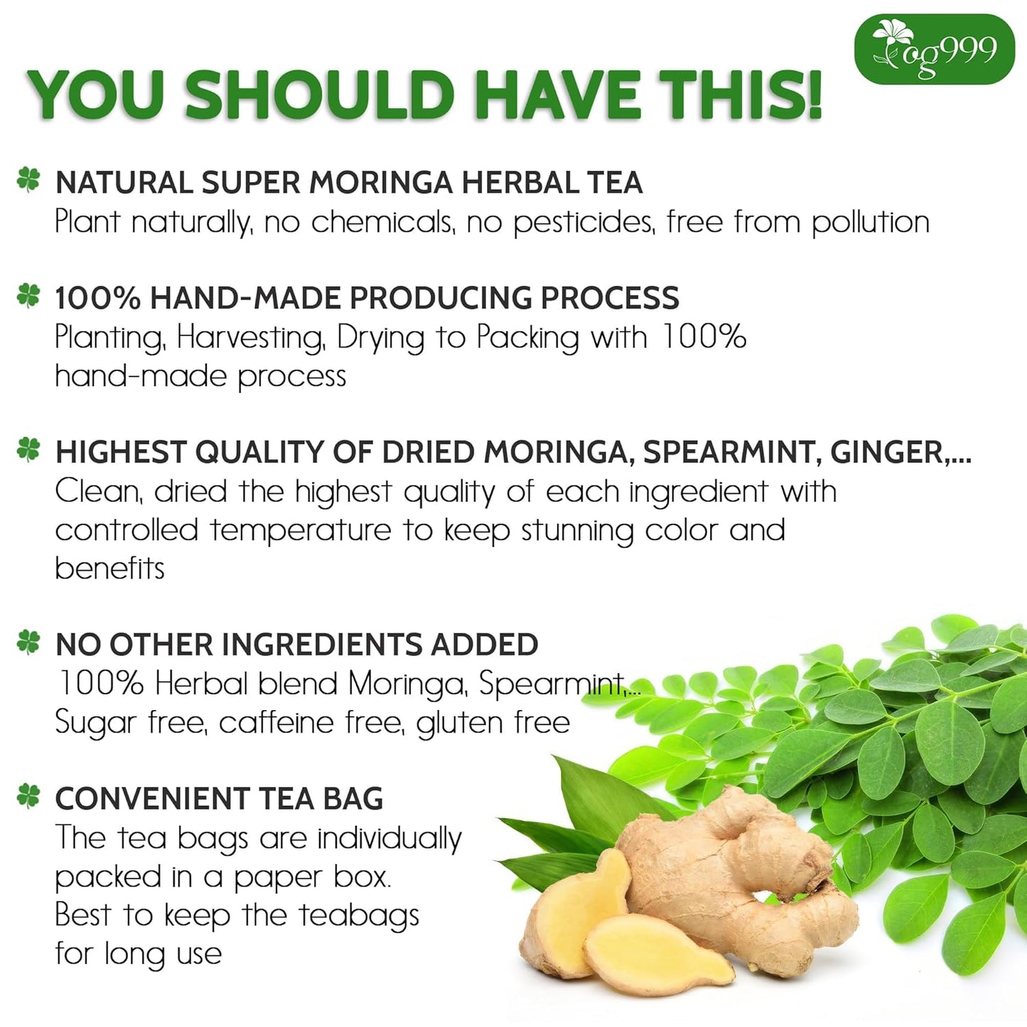 Premium Super Moringa Herbal Tea Bags - 20 Count