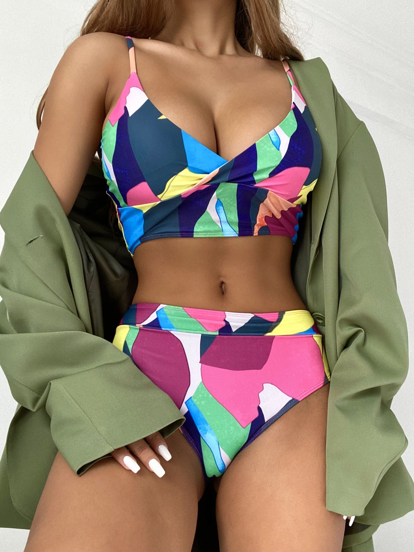 Geometric Colorful Ruffled Bikini Set for Women