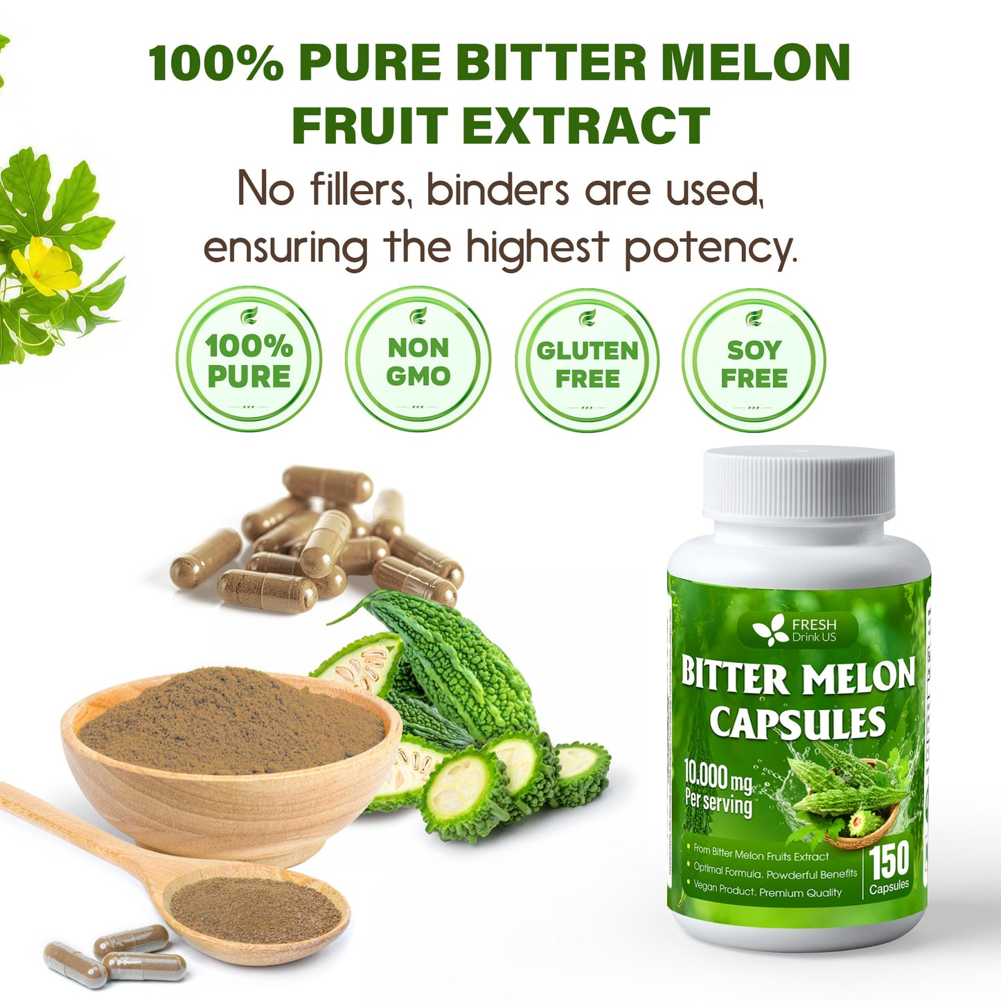Bitter Melon Capsules, 1000mg, 150 Capsules - Gluten Free, Non-GMO - Korvel