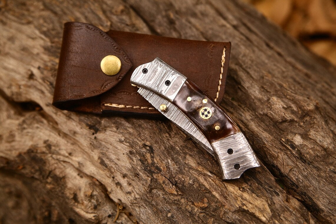 Exquisite Custom Damascus Steel Folding Pocket Knife – 3-Inch Blade with Sheep Horn Handle & Leather Case – Ideal Gift by KBS Knives - Korvel