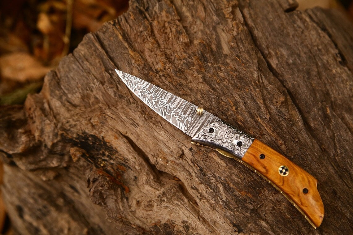 Custom Handcrafted Damascus Steel EDC Folding Knife | 3-Inch Blade, Olive Wood Grip, Leather Sheath | Perfect Gift - Korvel