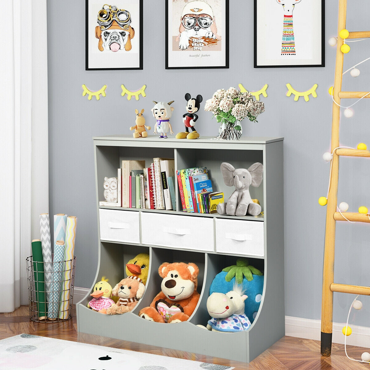 Freestanding Combo Cubby Bin Storage Organizer Unit with 3 Baskets - Gray