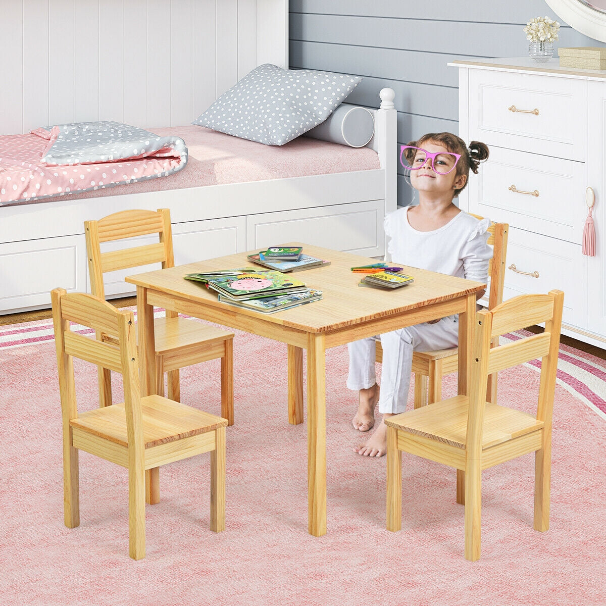 Juego de Mesa y Sillas de Madera de Pino para Niños de 5 Piezas