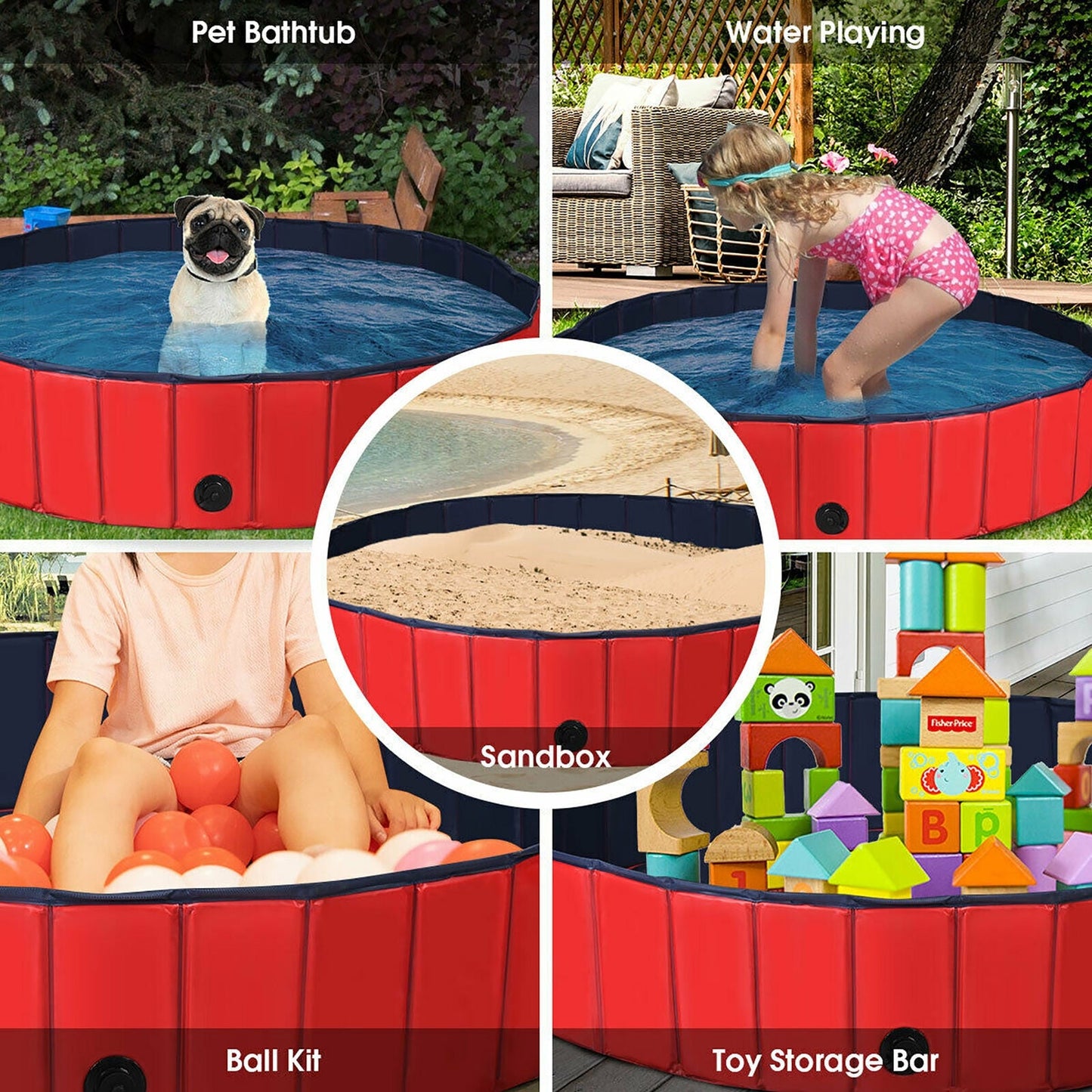 63 Inch Foldable Leakproof Pet Pool for Dogs, Cats, and Kids - Red