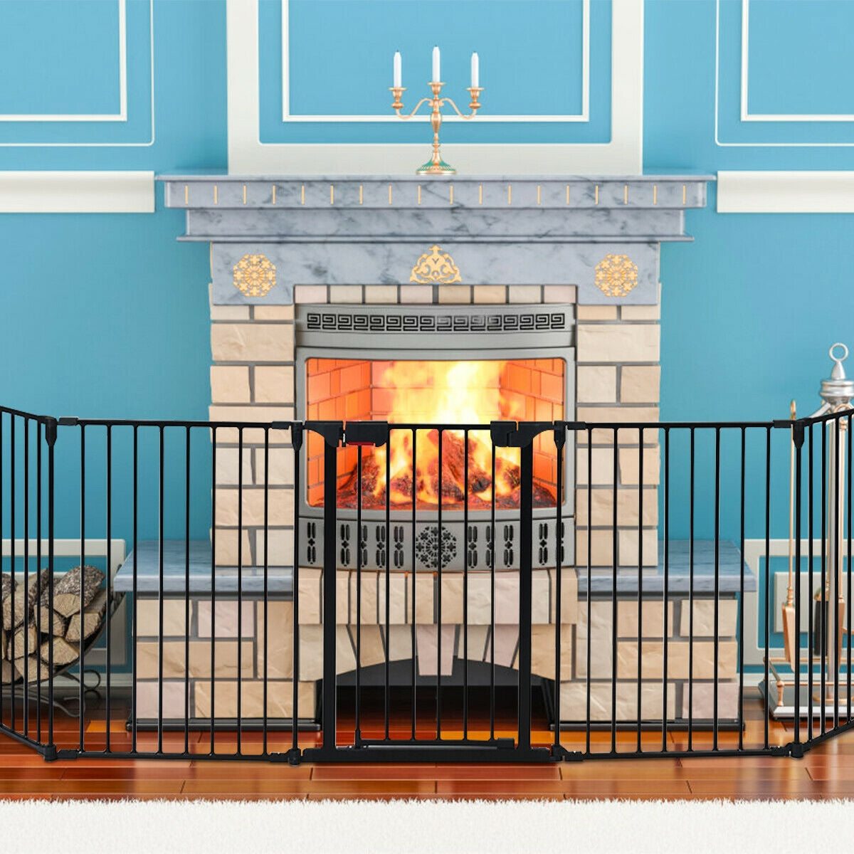 115 Inch 5 Panel Adjustable Fireplace Fence - Black