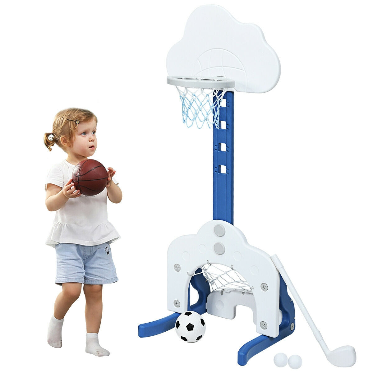 Juego de Aro de Baloncesto para Niños 3 en 1 con Pelotas - Blanco