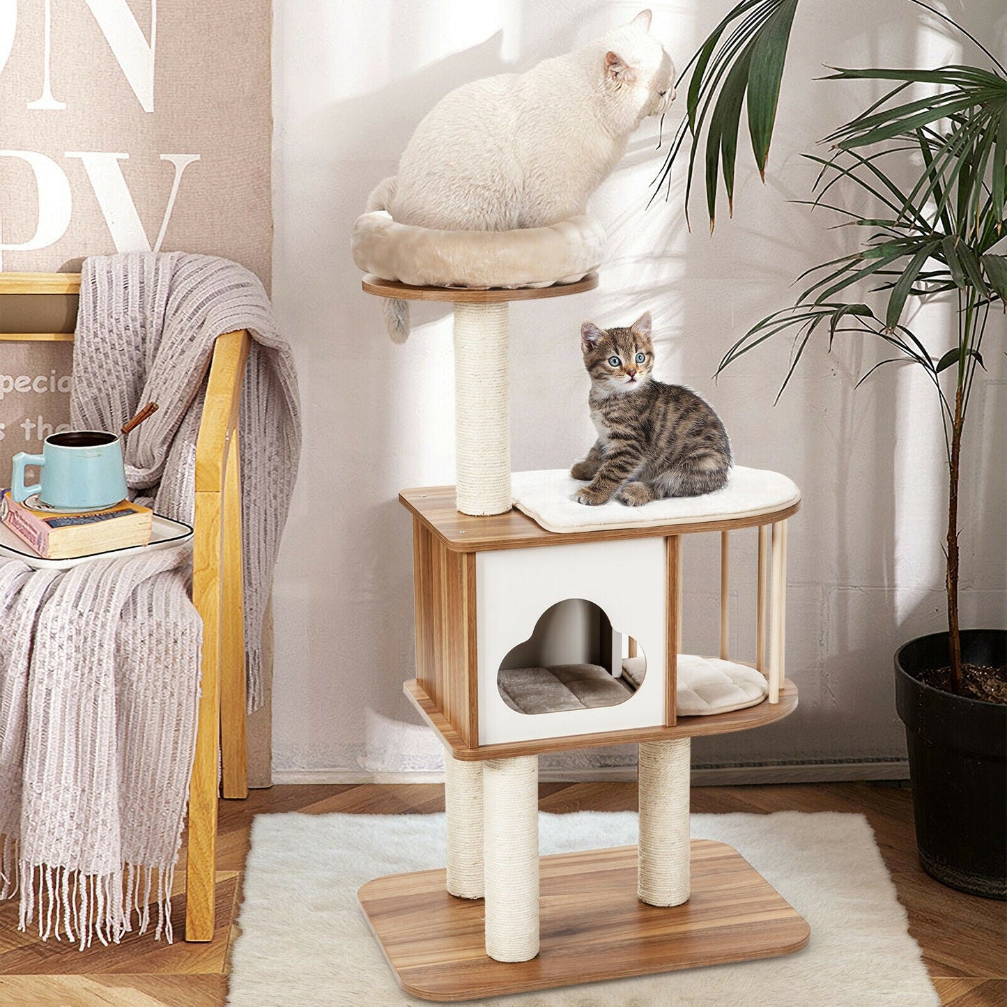 Árbol de Actividades para Gatos de Madera de 46 Pulgadas con Cojines - Marrón