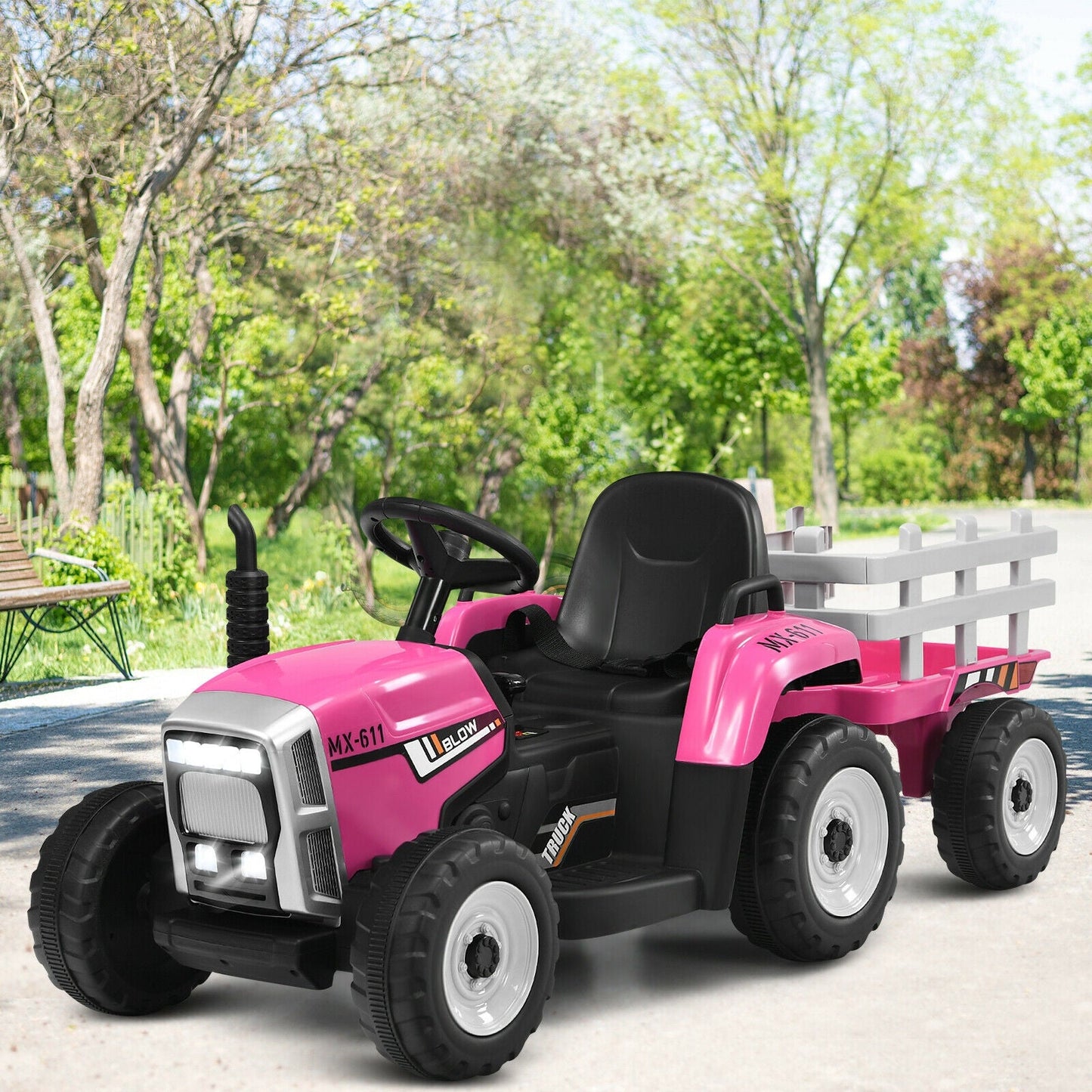 12V Pink Ride-On Tractor with Ground Loader for Kids 3+ Years