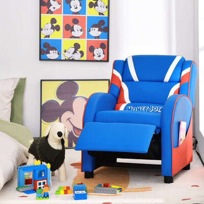 Sillón Recliner de Cuero para Niños con Bolsillos Laterales - Azul