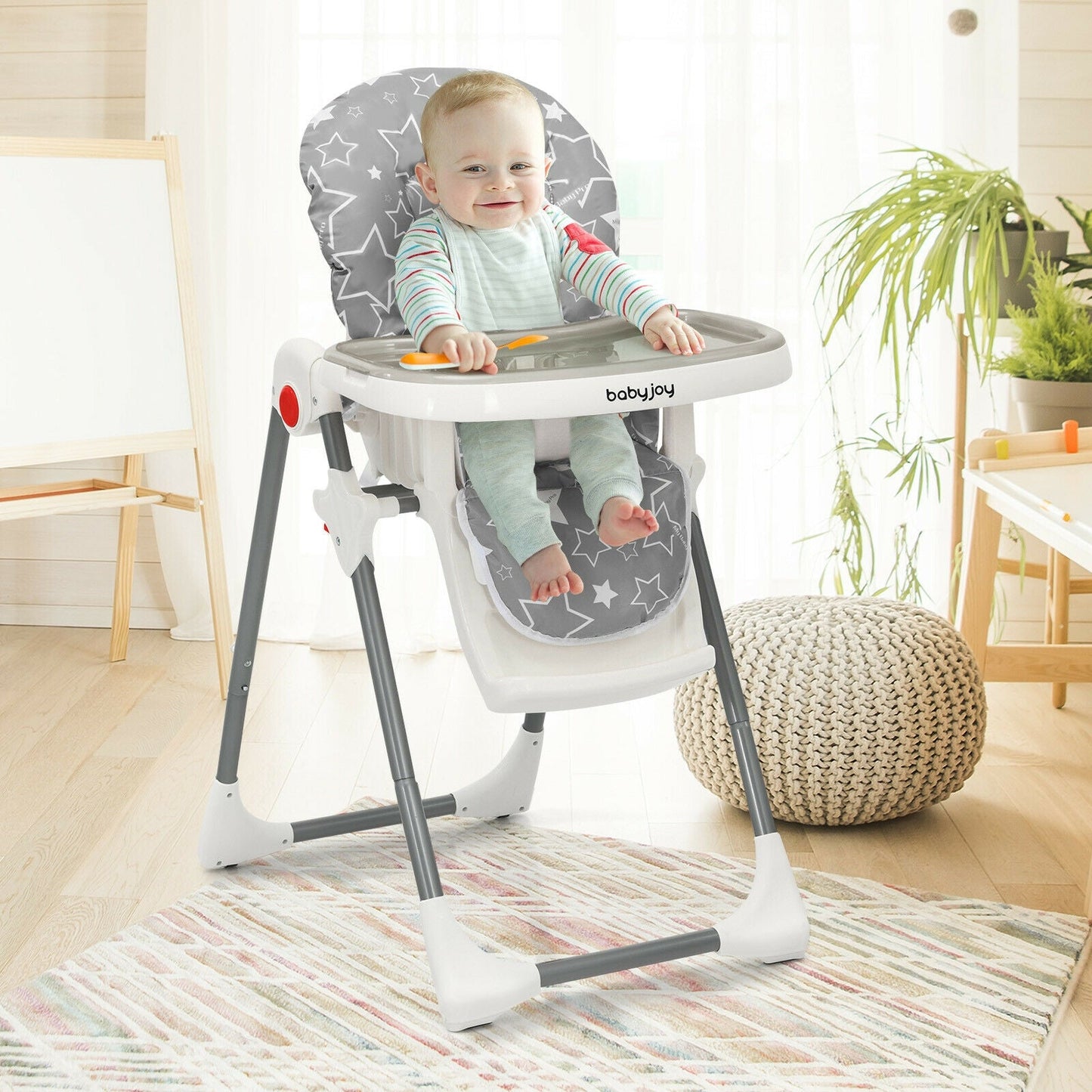 Chaise Haute Pliable pour Bébé avec Réglage de Hauteur à 6 Niveaux - Gris