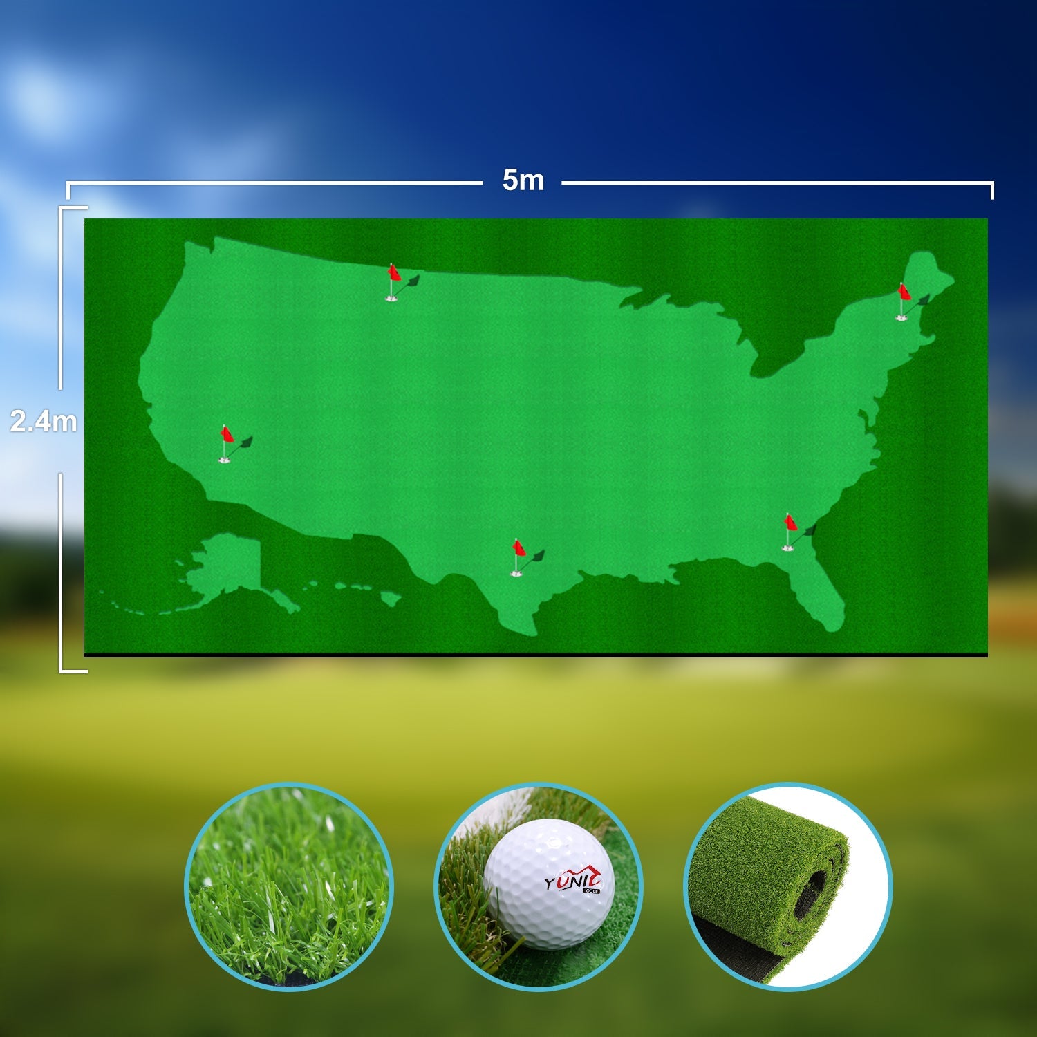 Premium 8ft x 16ft Golf Putting Green - US Map Design - Korvel