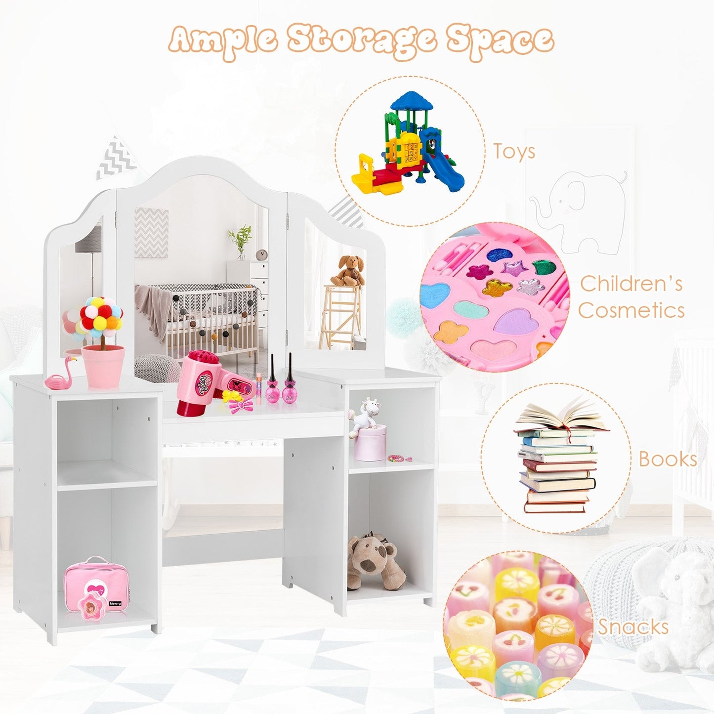 Kids Tri Folding Mirror Makeup Vanity Table Set - White