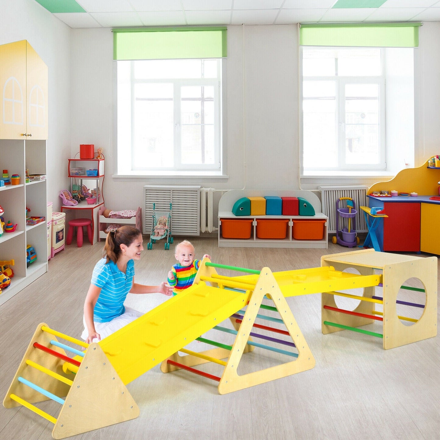 Set de gimnasio de juego en triángulo para niños 5 en 1 con rampas dobles