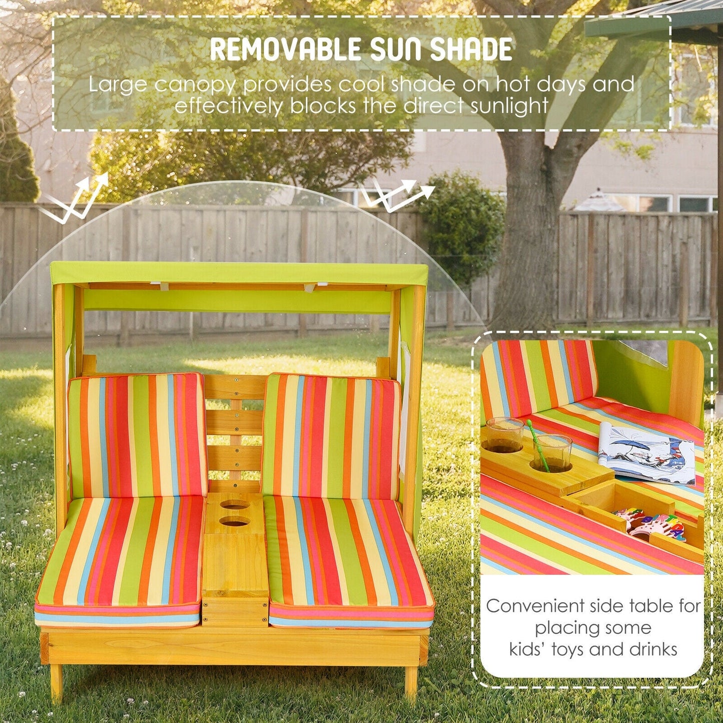 Kids Patio Lounge Chair with Cup Holders and Awning - Multicolor