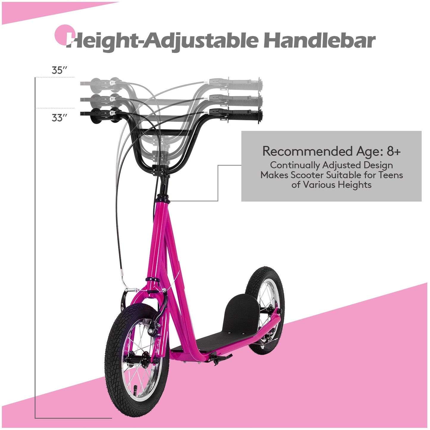 Height Adjustable Pink Kick Scooter with 12-Inch Wheels