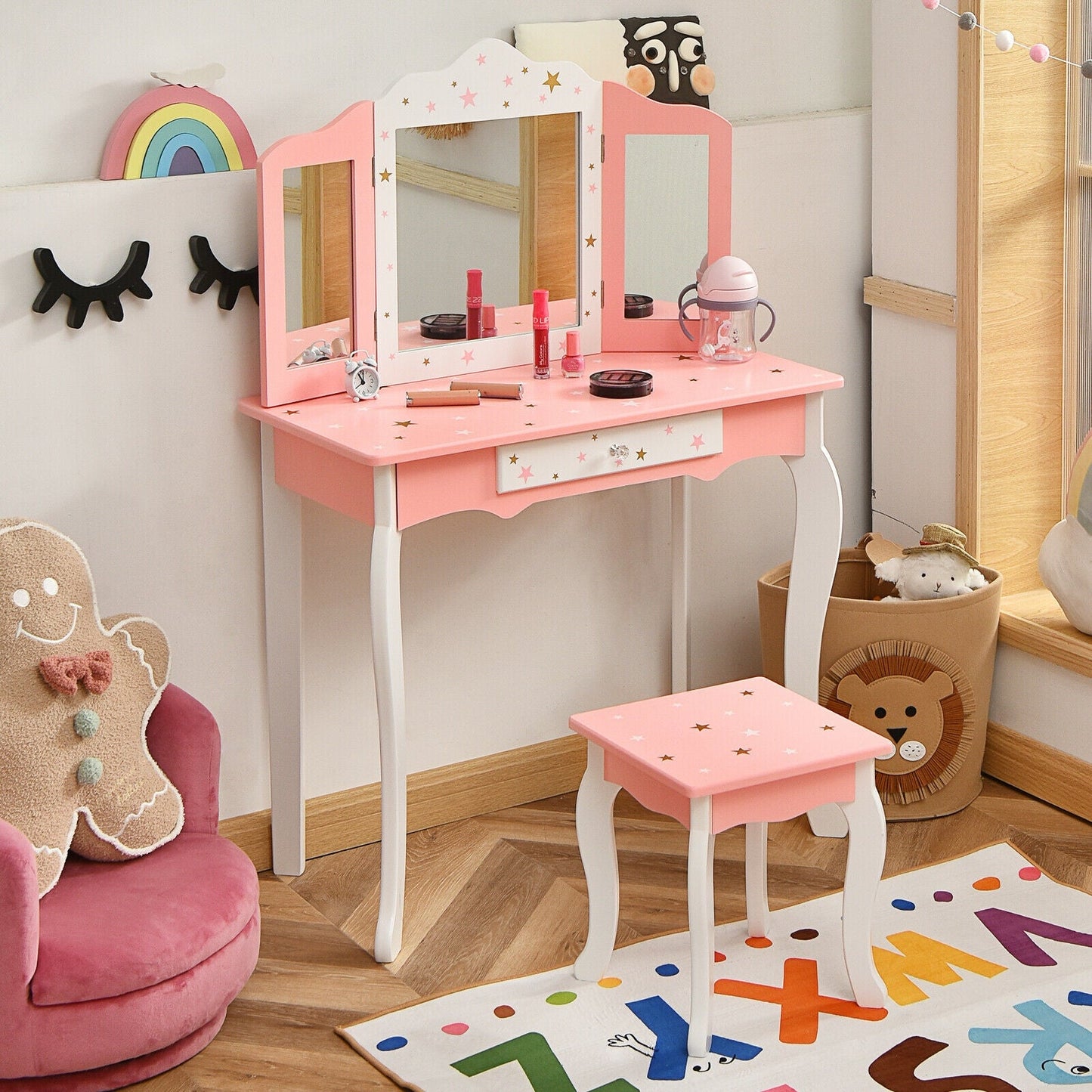 Kids Princess Vanity Table and Stool Set - Pink