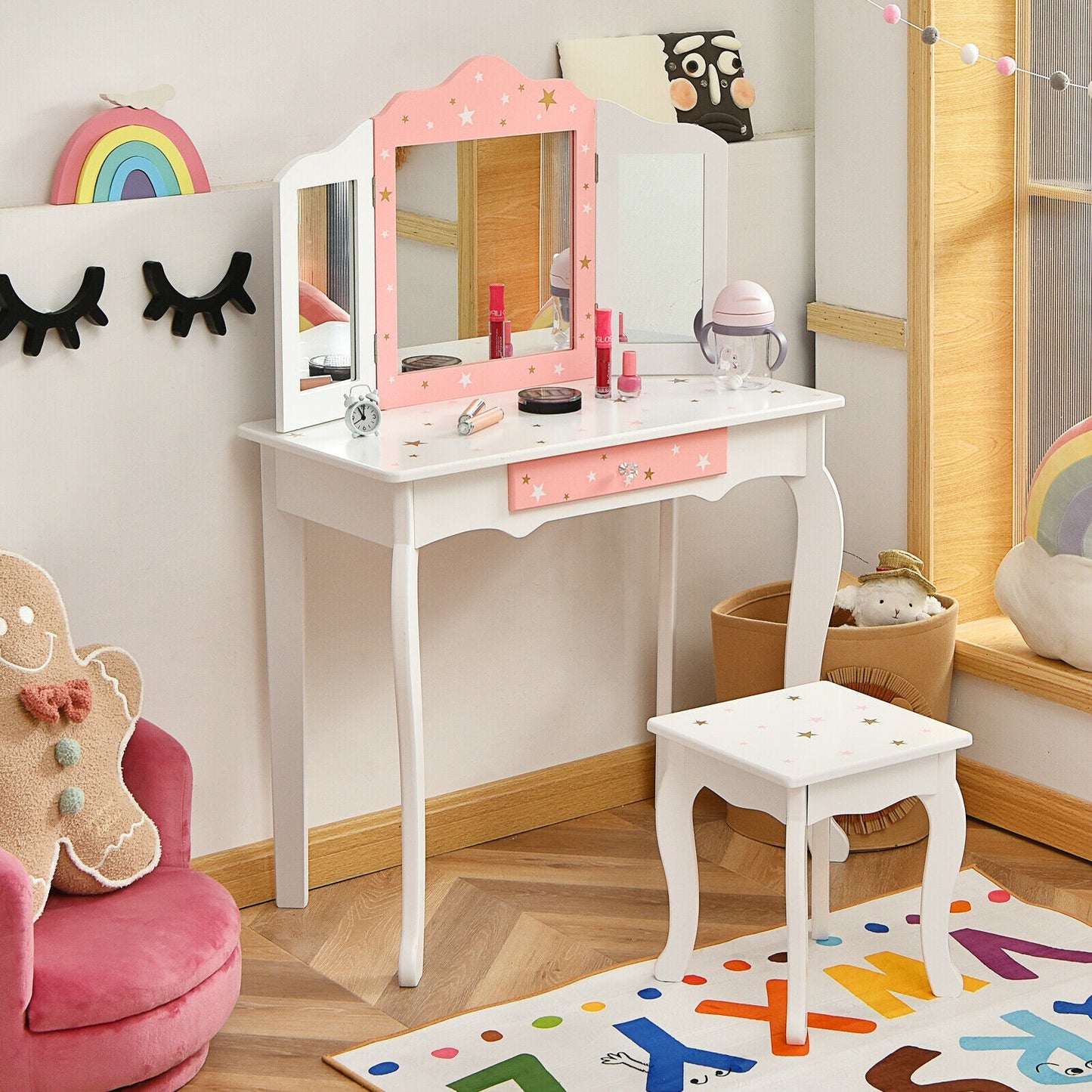 Ensemble de table de maquillage et de tabouret pour enfants Princesse avec miroir pliant - Blanc