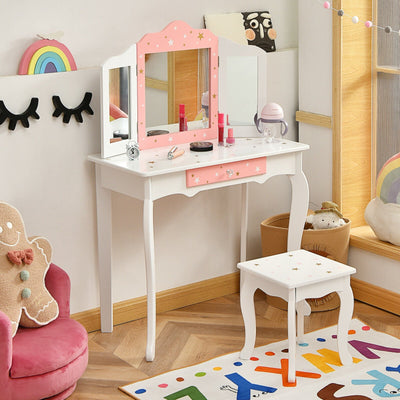 Kids Princess Vanity Table and Stool Set with Tri-folding Mirror - White