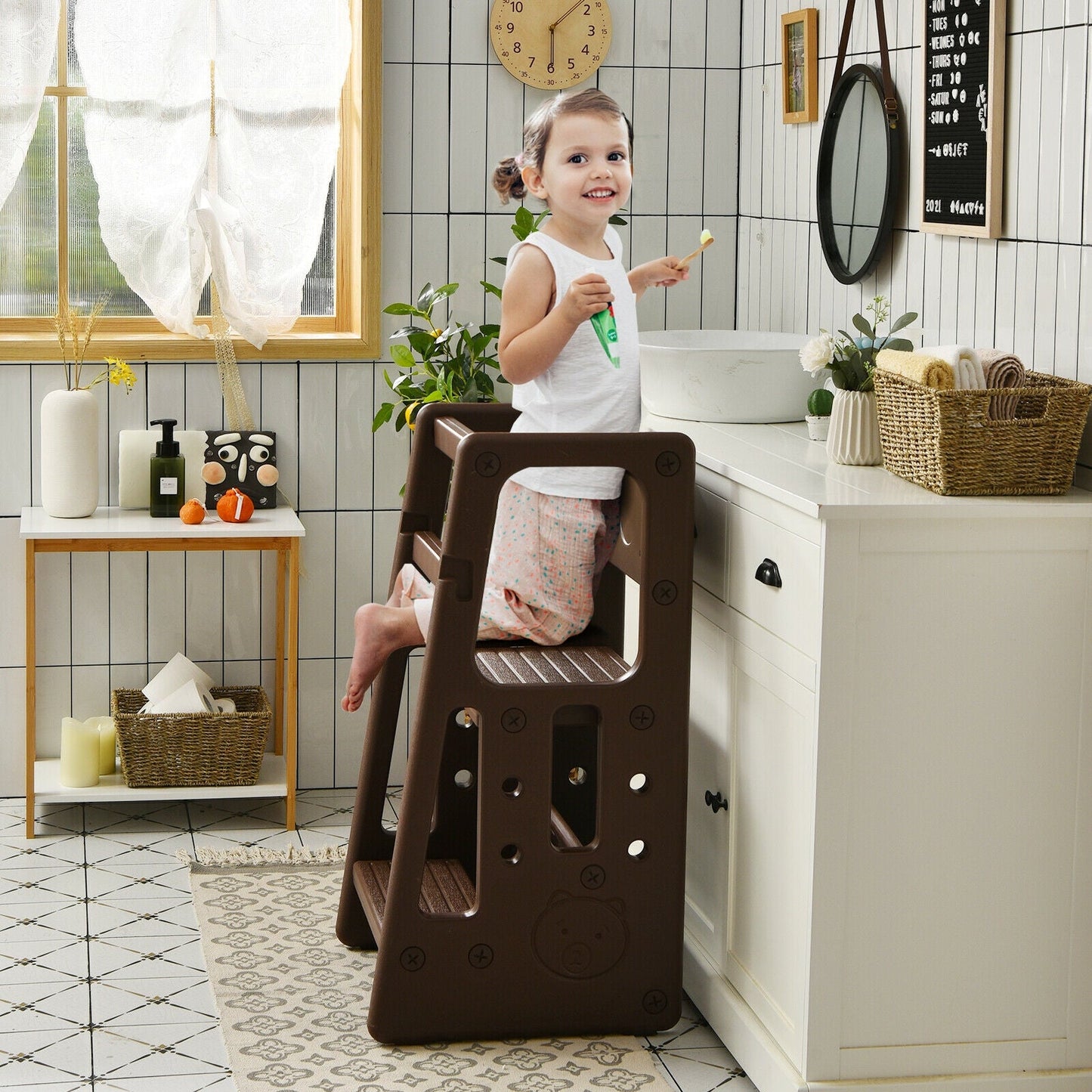 Kids Kitchen Step Stool with Double Safety Rails - Brown