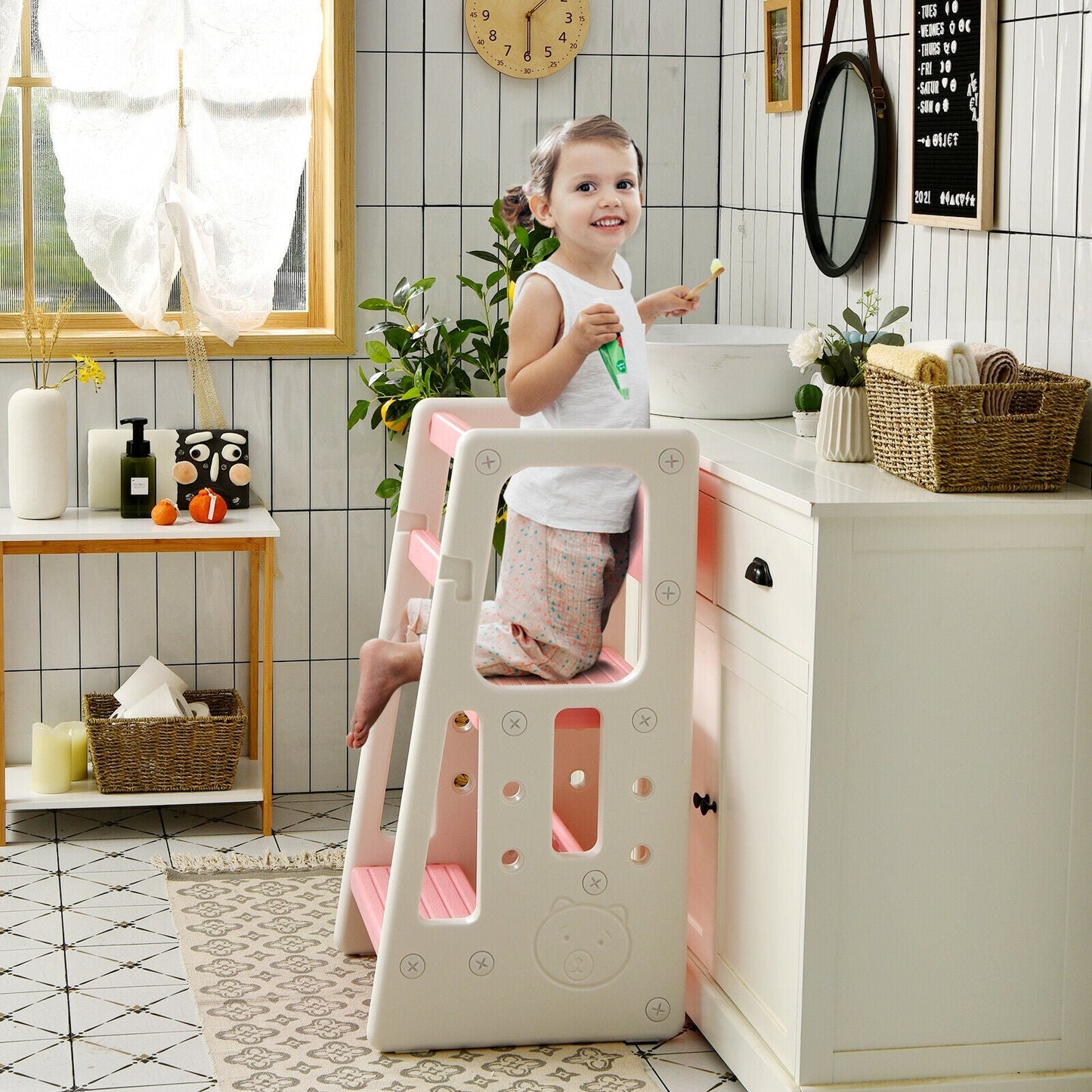 Marchepied de Cuisine pour Enfants avec Double Barrière de Sécurité - Rose