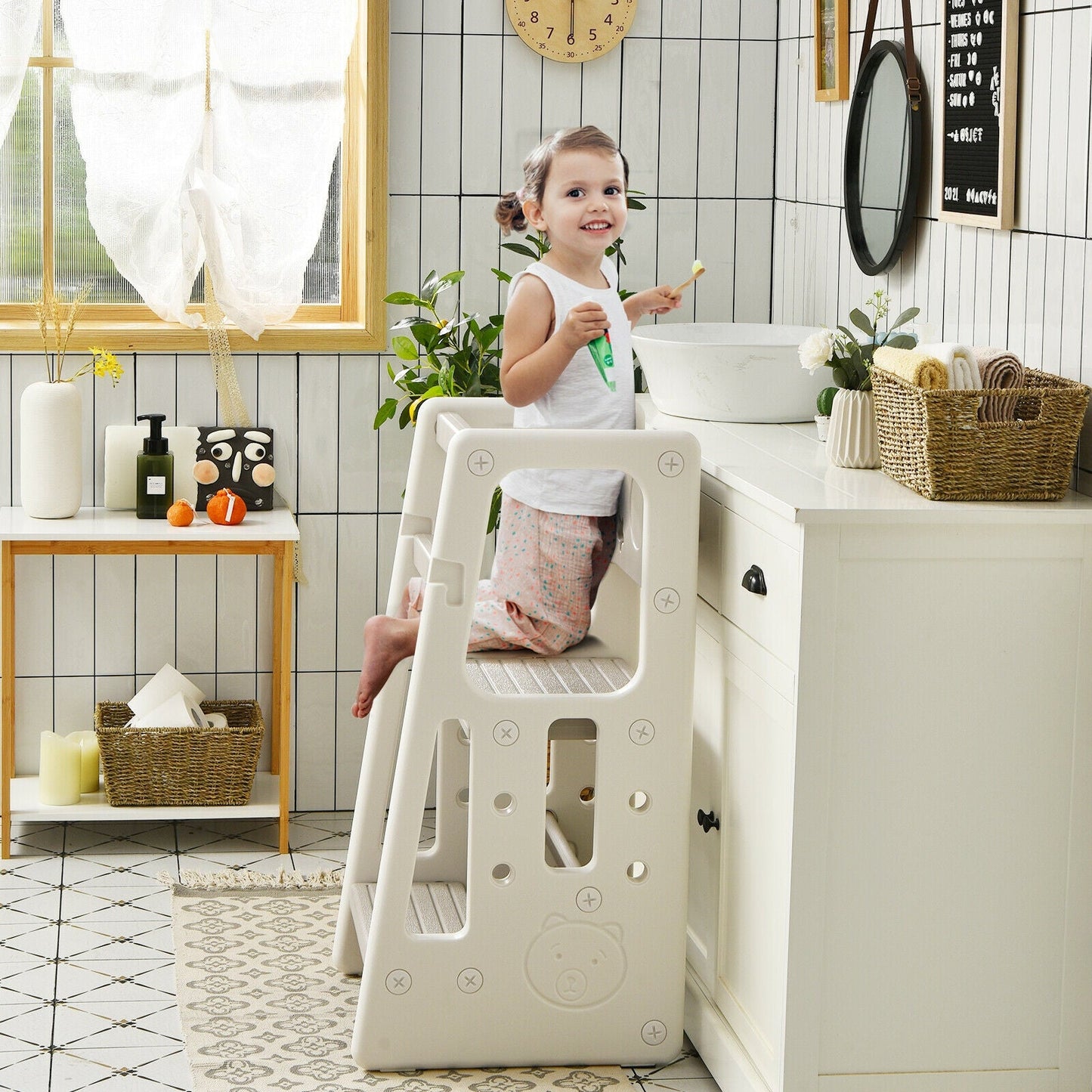 Kids Kitchen Step Stool with Double Safety Rails - Gray