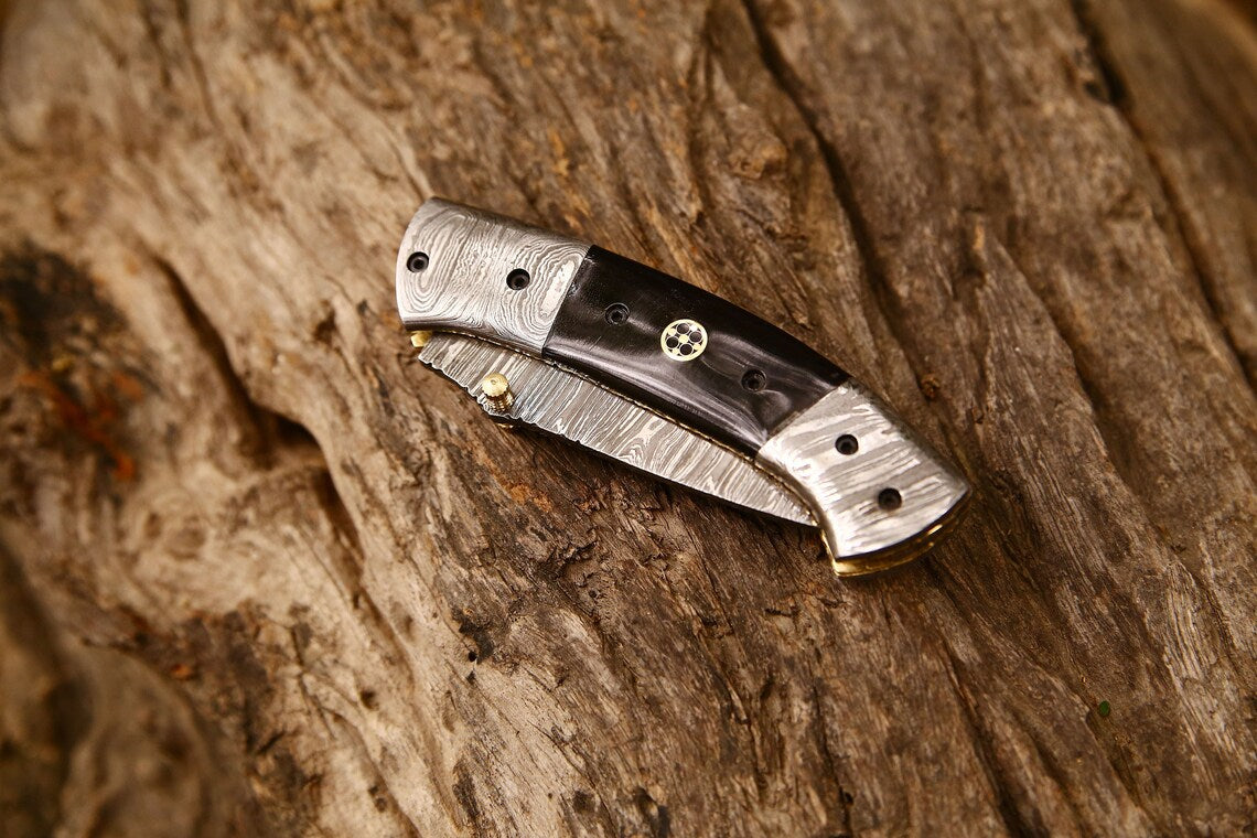 Exquisite Handmade Damascus Steel Tanto Folding Knife | 3-Inch Blade, Buffalo Horn Grip, Leather Sheath | Ideal Gift by KBS Knives - Korvel