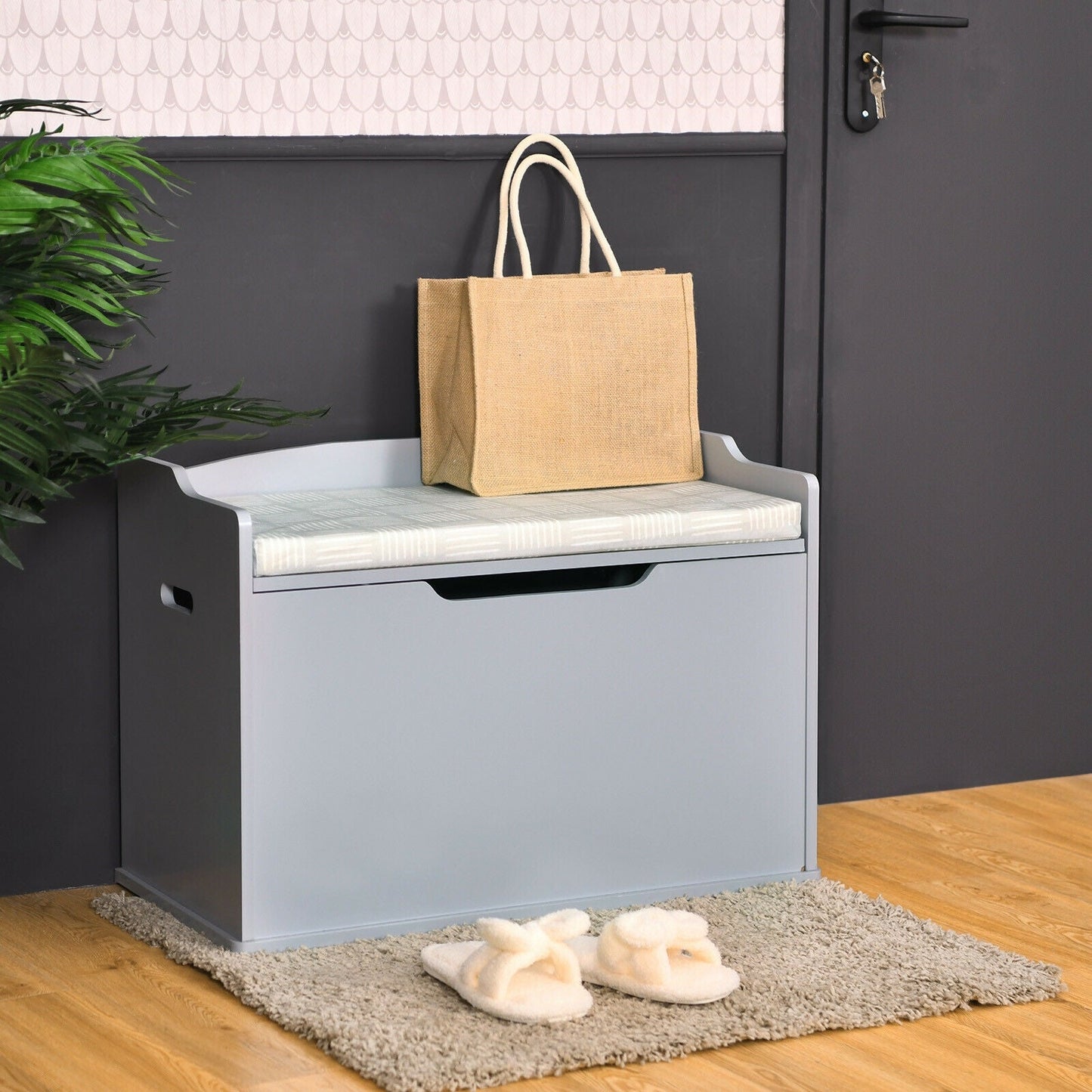 Banco de Almacenamiento de Madera para Niños con Tapa Abatible y Cojín - Gris